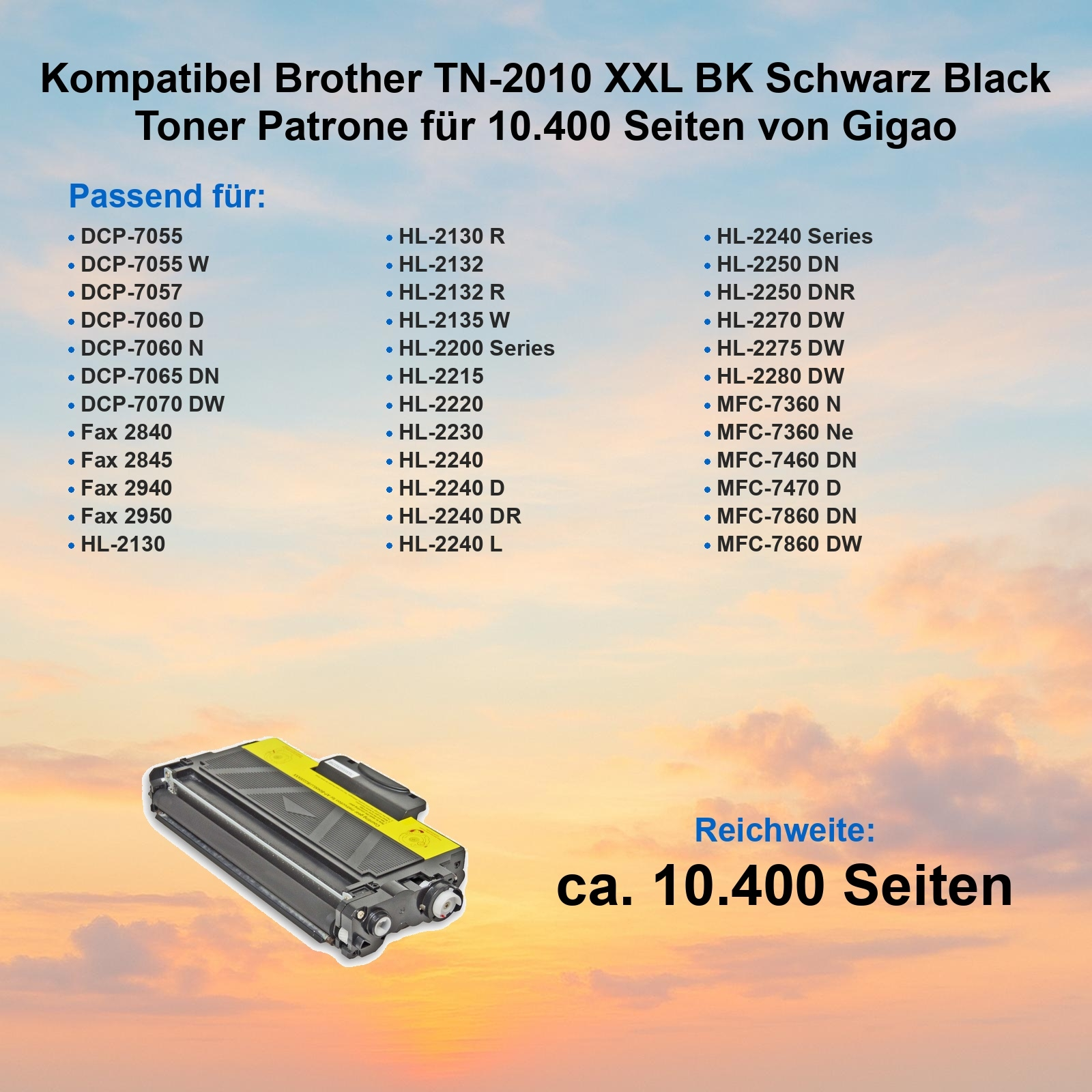 Tonerkartusche mit Liste kompatibler Drucker, Produktname und Seitenleistung auf einem farbigen Hintergrund.