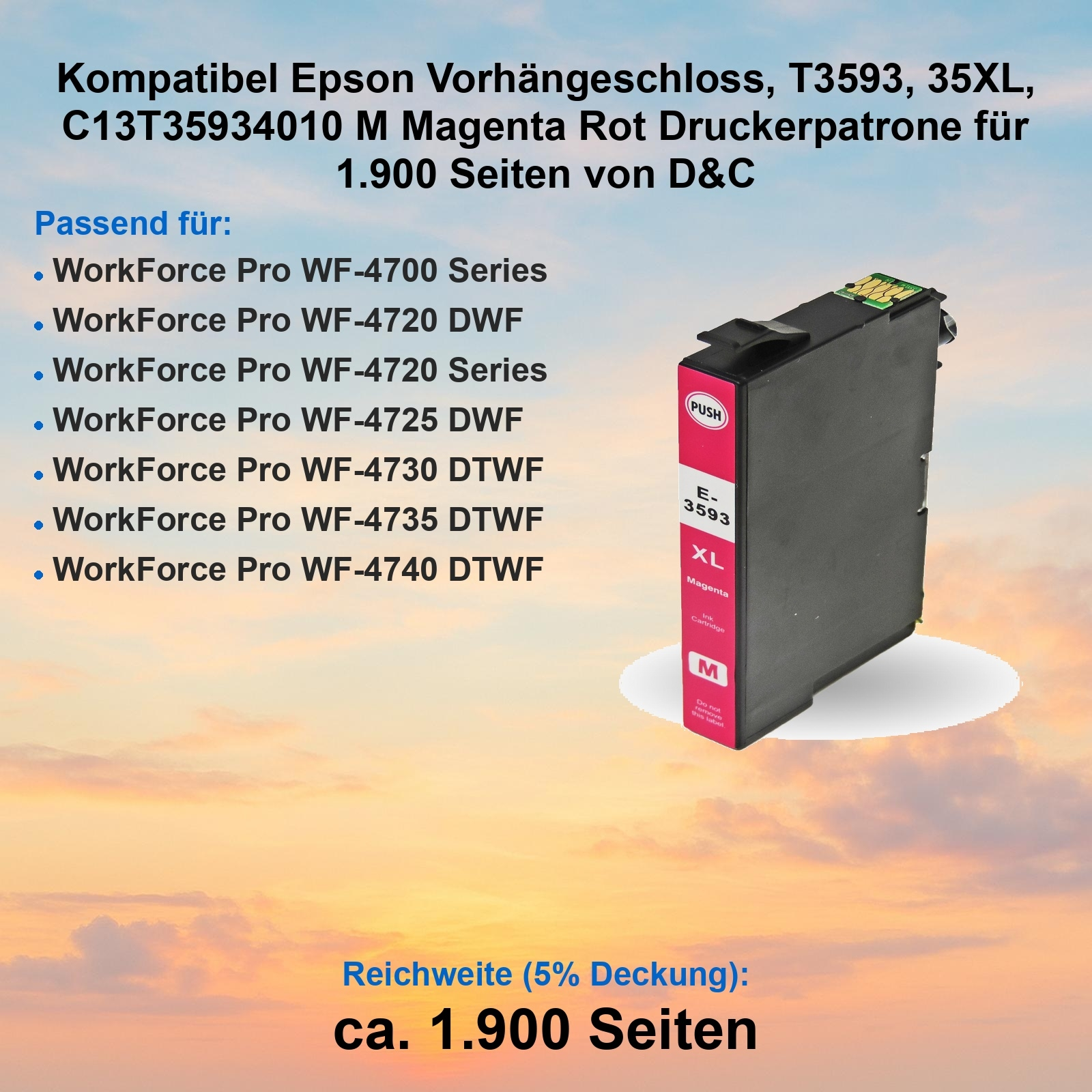 Eine Epson-Tintenpatrone, magenta, mit Text. Listet Druckermodelle und Seitenausbeute auf.