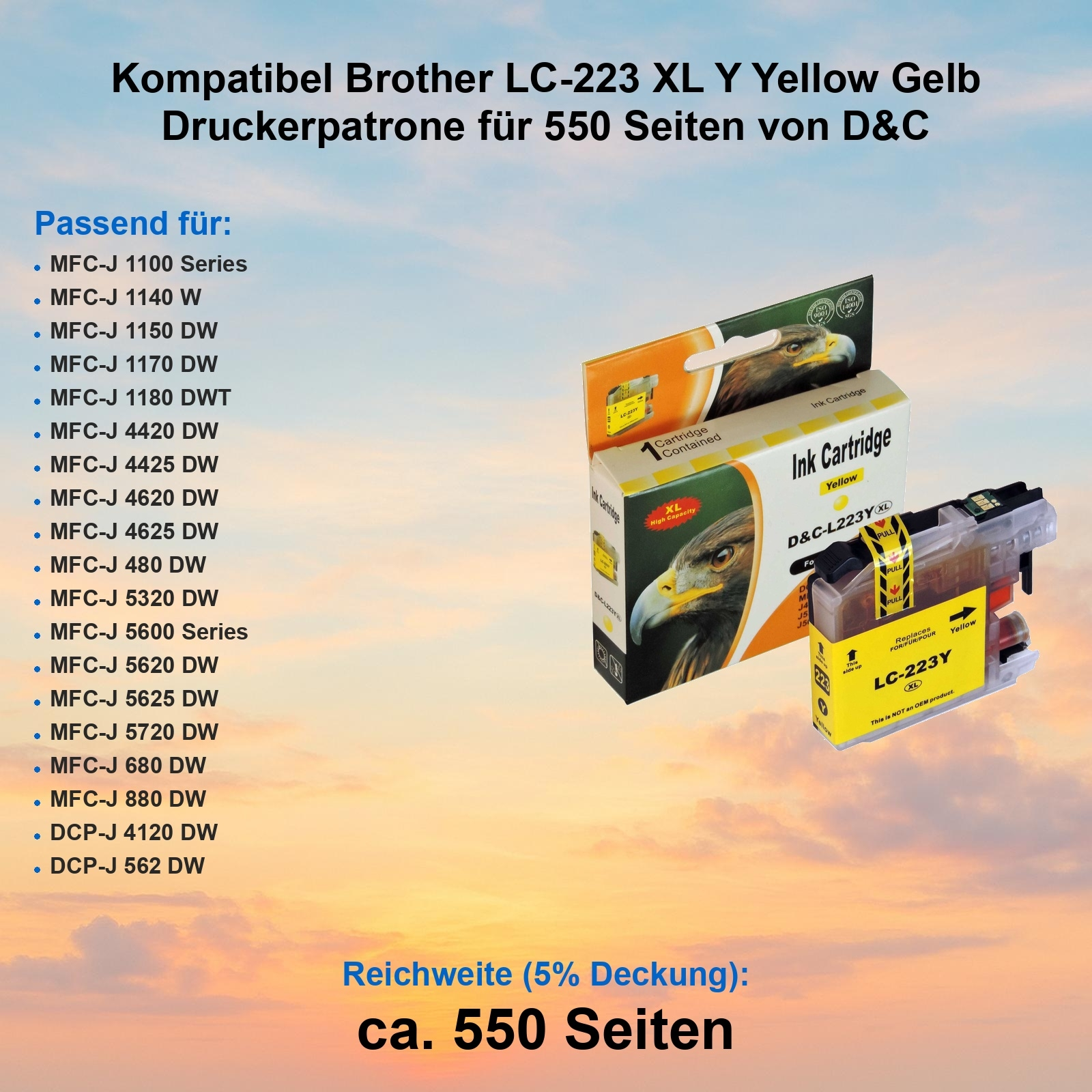 Tintenpatrone und Kartusche. Gelbe Tinte. Text enthält Druckermodelle und Seitenzahl.