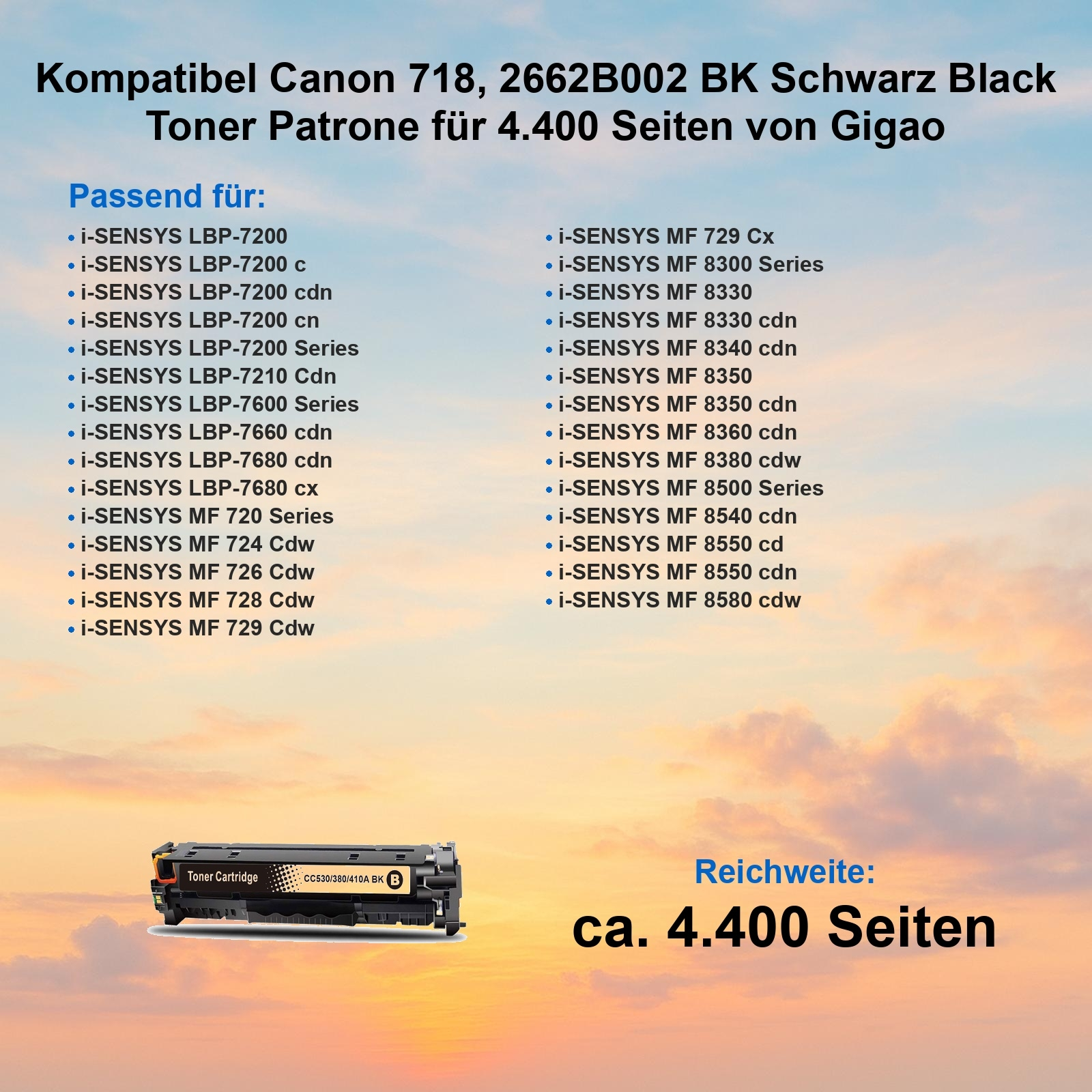 Das Bild zeigt eine Tonerkartusche mit Produktinformationen und einer Liste kompatibler Drucker.