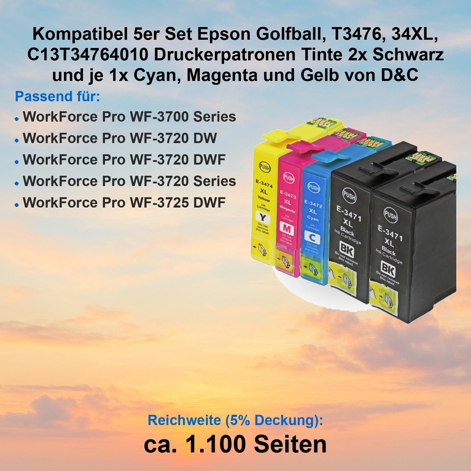 Tintenpatronen, gelb, magenta, cyan und schwarz. Text listet kompatible Druckermodelle und Seitenausbeute auf Himmelshintergrund.