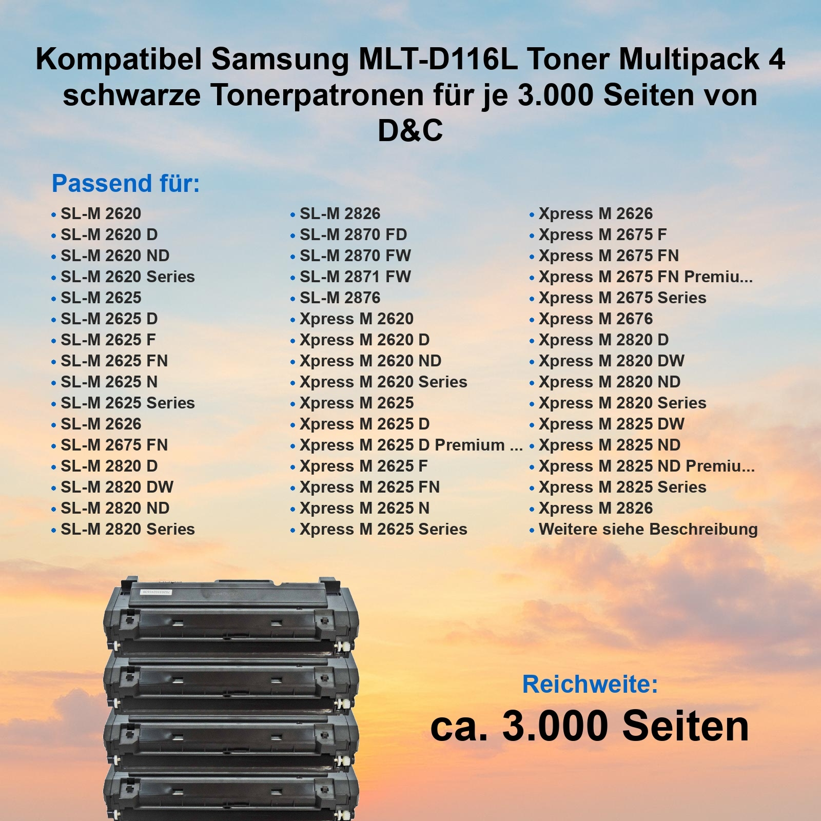 Bild zeigt Tonerkartuschen. Text listet kompatible Druckermodelle und Seitenleistung.