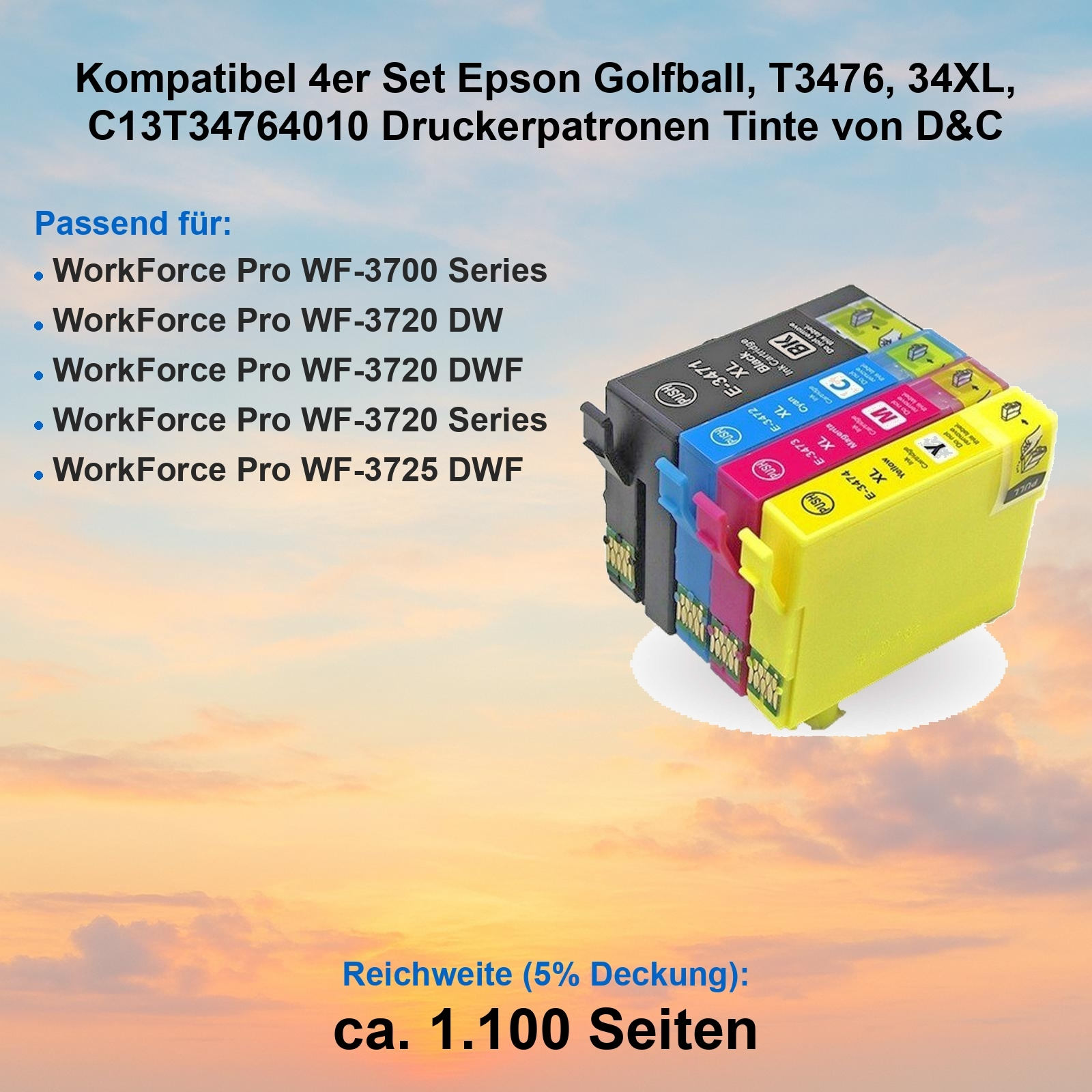 Vier Epson-Tintenpatronen in Schwarz, Cyan, Magenta und Gelb, gestapelt. Text listet kompatible Druckermodelle.