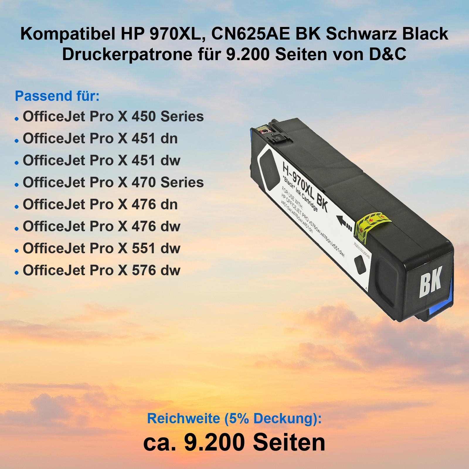 Eine schwarze HP 970XL Tintenpatrone, beschriftet mit 'BK', auf orangefarbenem Hintergrund. Text listet kompatible Drucker.