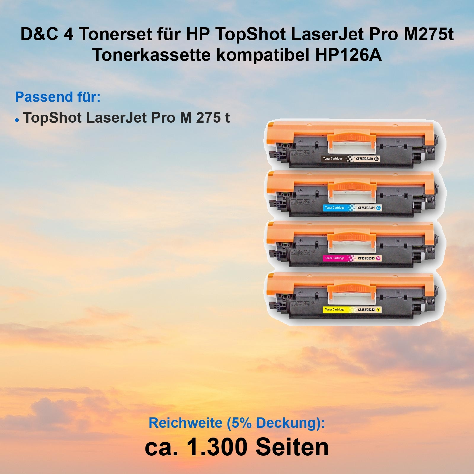 Das Bild zeigt vier farbige Tonerkartuschen für HP-Drucker mit Produktinformationen.