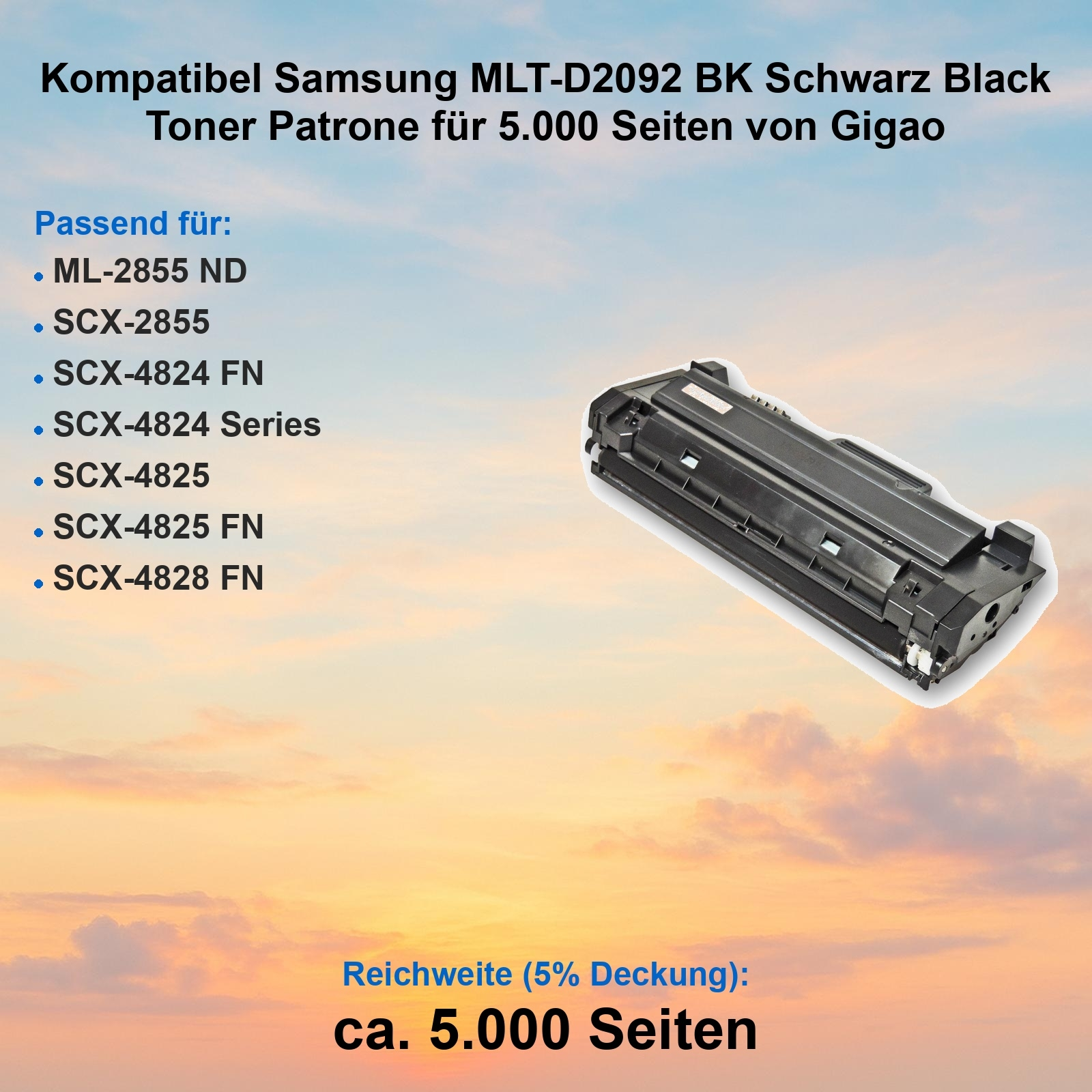 Schwarze Tonerkartusche vor Himmel. Text erwähnt kompatible Samsung-Modelle und Seitenzahl.