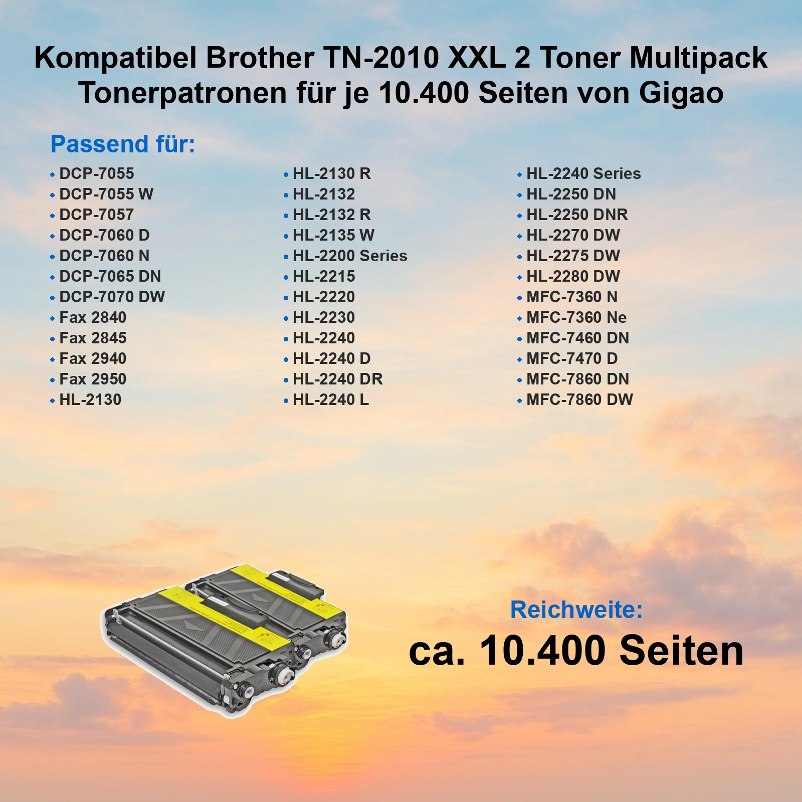 Das Bild zeigt Tonerkartuschen mit einer Liste kompatibler Druckermodelle und Informationen zur Seitenleistung.