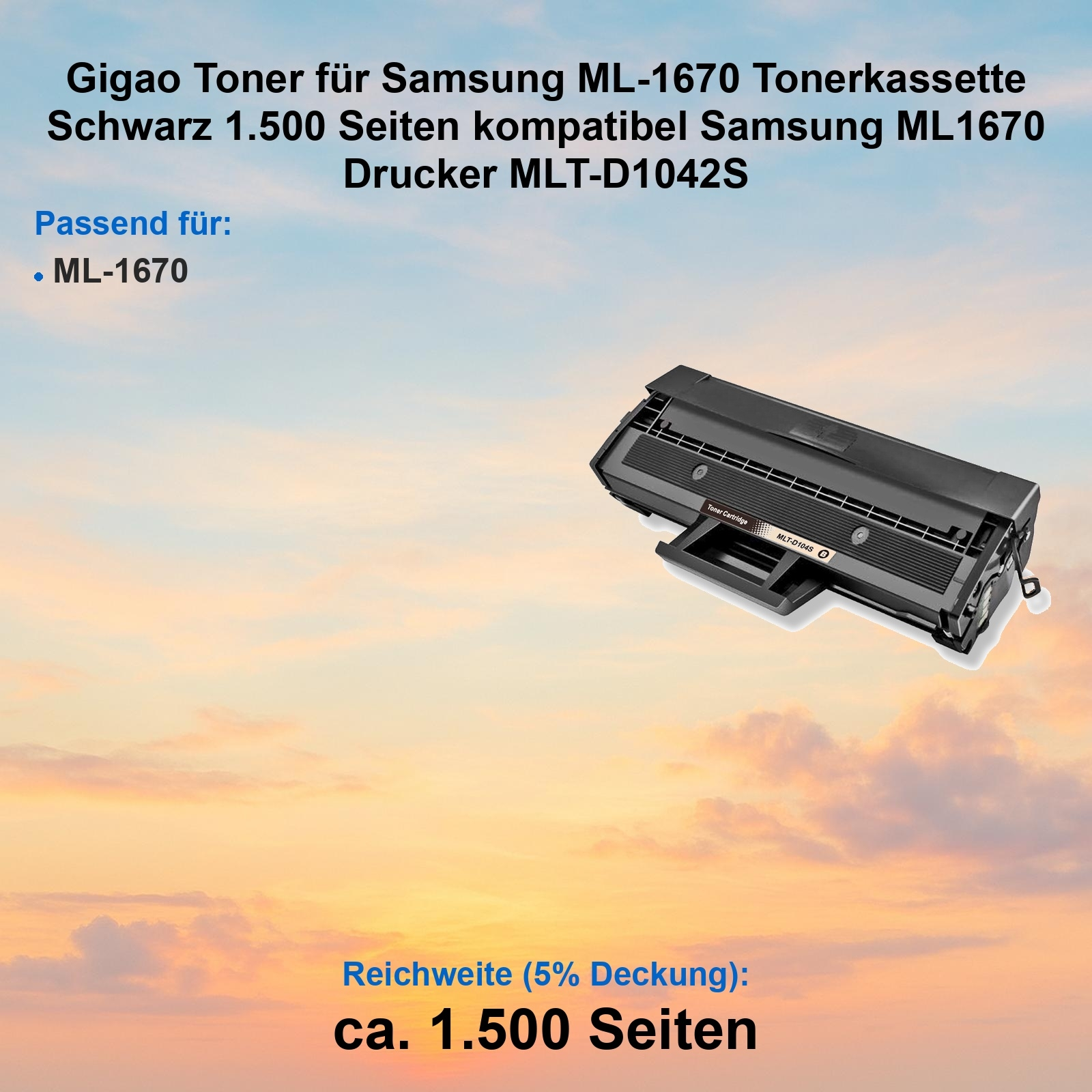 Eine schwarze Tonerkartusche für Samsung ML-1670-Drucker auf einem Himmelhintergrund mit Textbeschreibung.
