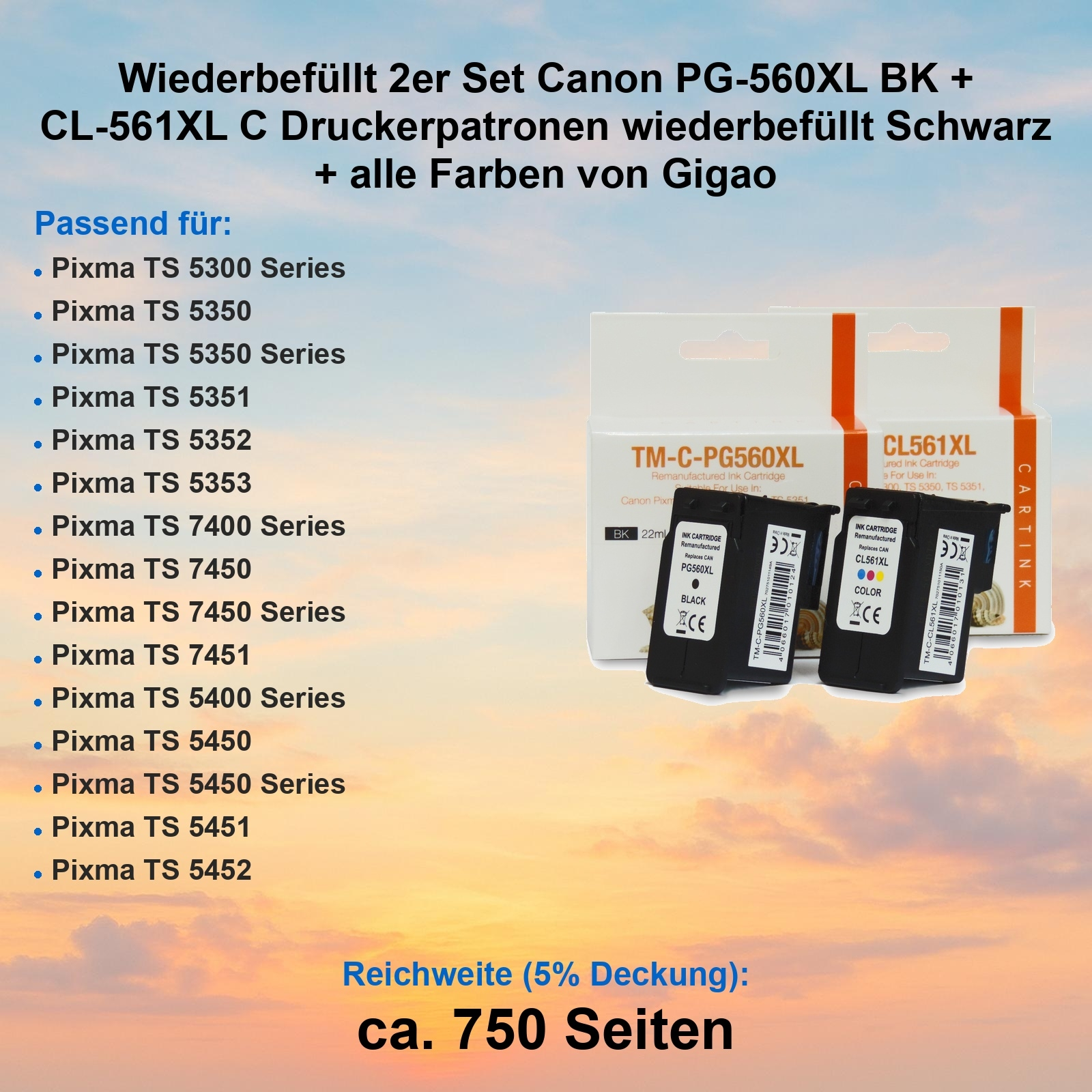 Das Bild zeigt Druckerpatronen. Textdetails kompatible Druckermodelle und Tintenkapazität. Die Patronen sind schwarz und mehrfarbig.