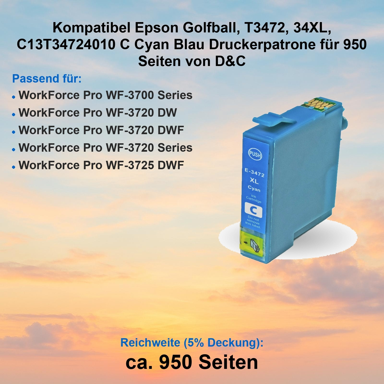 Eine cyanfarbene Tintenpatrone für Epson-Drucker vor einem Hintergrund mit Farbverlauf und Produktinformationen.