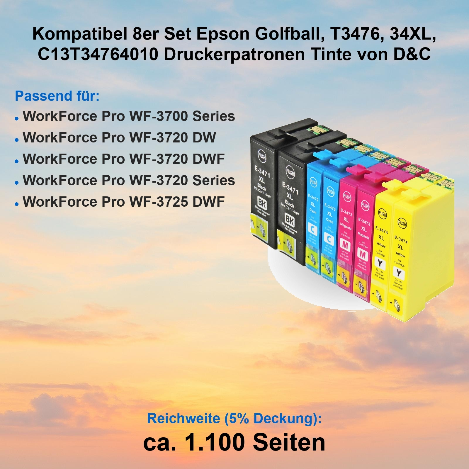 Tintenpatronen-Set für Epson-Drucker. Schwarze, Cyan-, Magenta- und gelbe Patronen sind sichtbar.