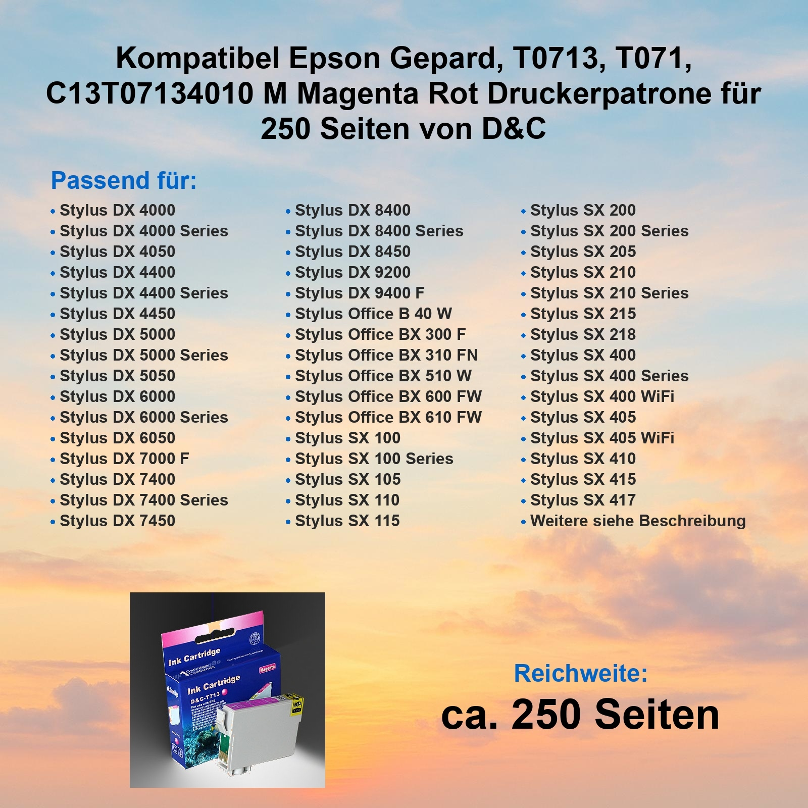 Werbung für eine Epson-Druckerpatrone, kompatible Modelle und Seitenzahl von 250 Seiten werden gezeigt.