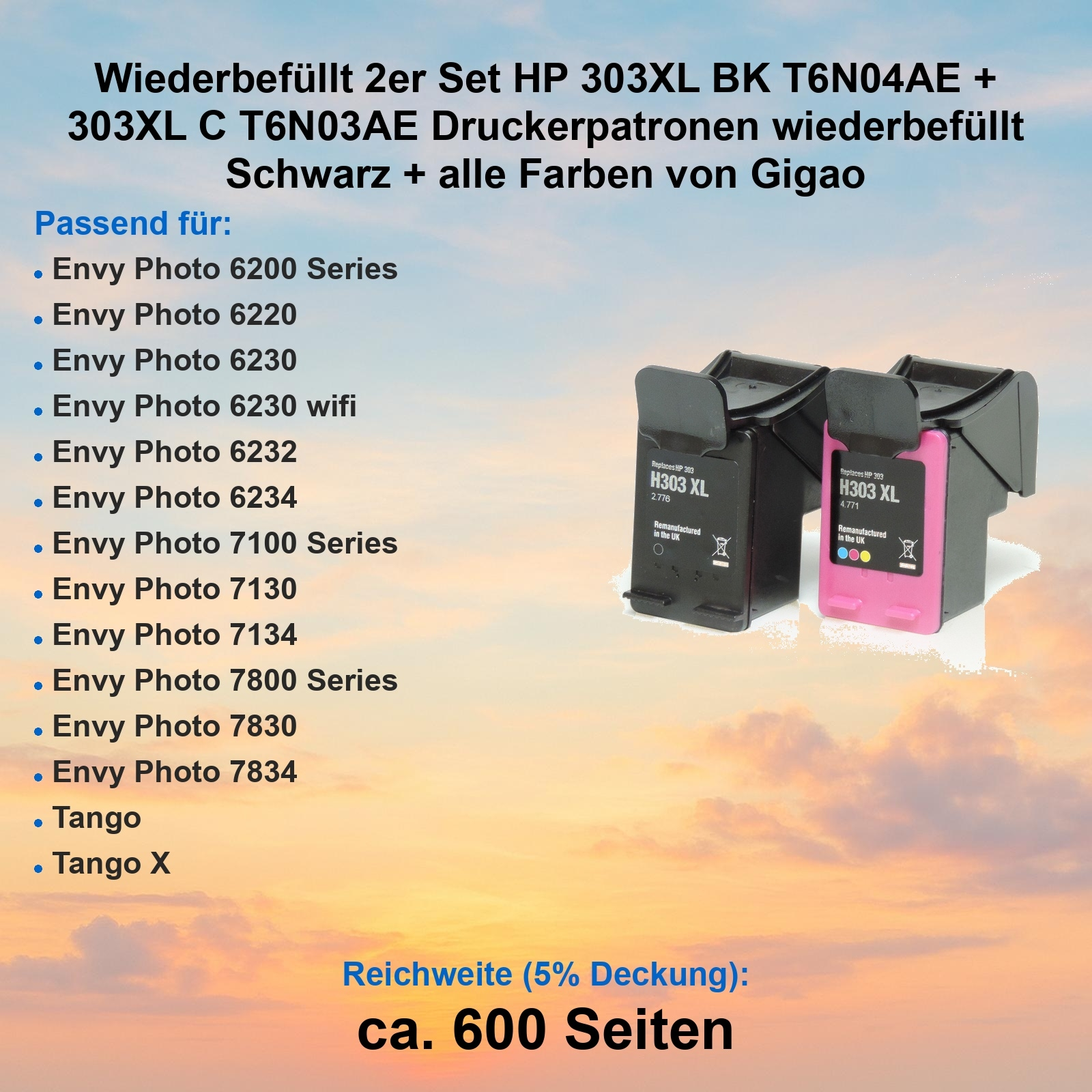 Das Bild zeigt zwei HP 303XL Tintenpatronen, schwarz und pink, mit Produktinformationen und kompatiblen Druckermodellen.