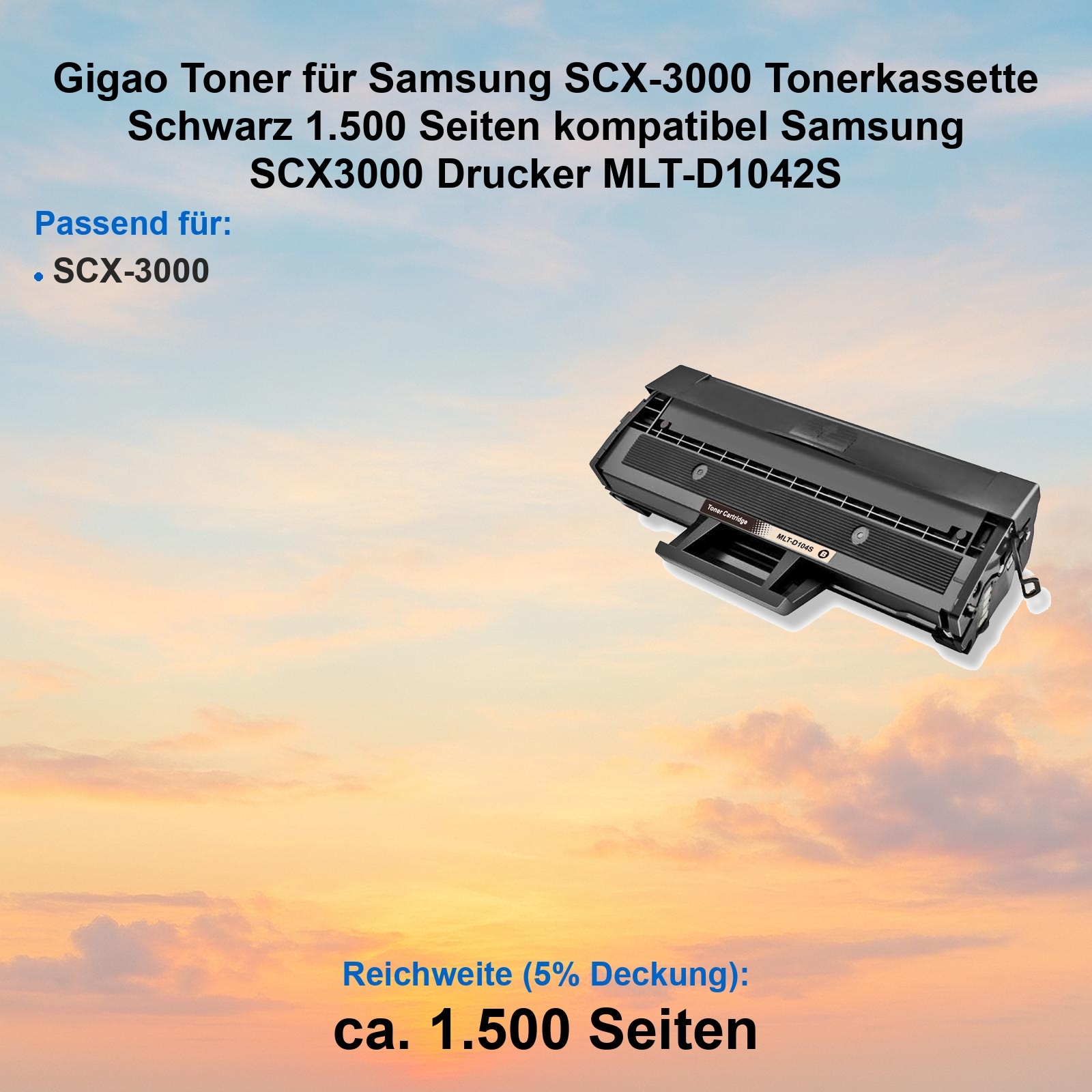 Schwarze Tonerkartusche für Samsung-Drucker. Text enthält Modellnummer und Seitenzahl.