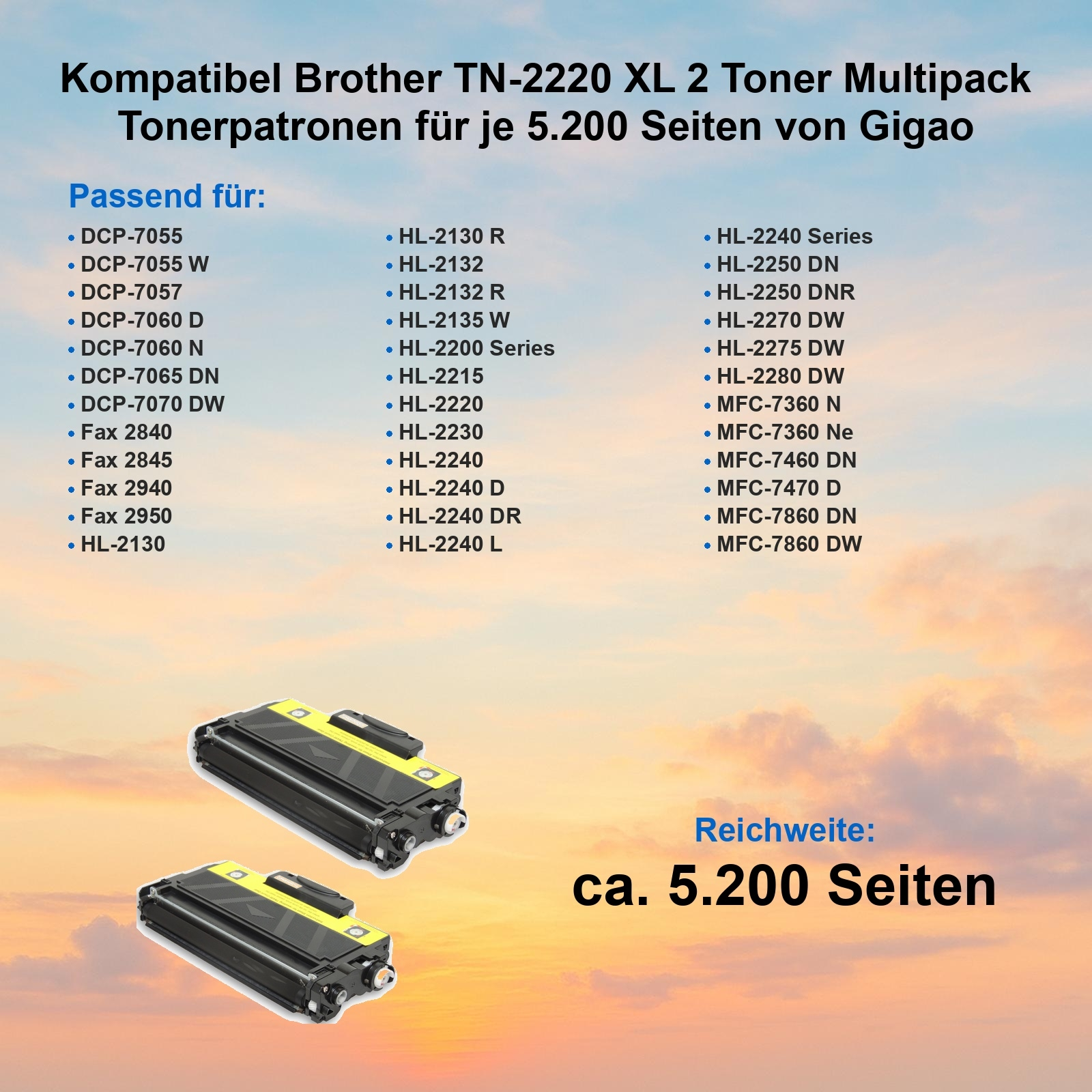 Werbung für Brother TN-2220 XL Tonerkartuschen. Enthält eine Liste kompatibler Drucker und zwei Tonerkartuschen.
