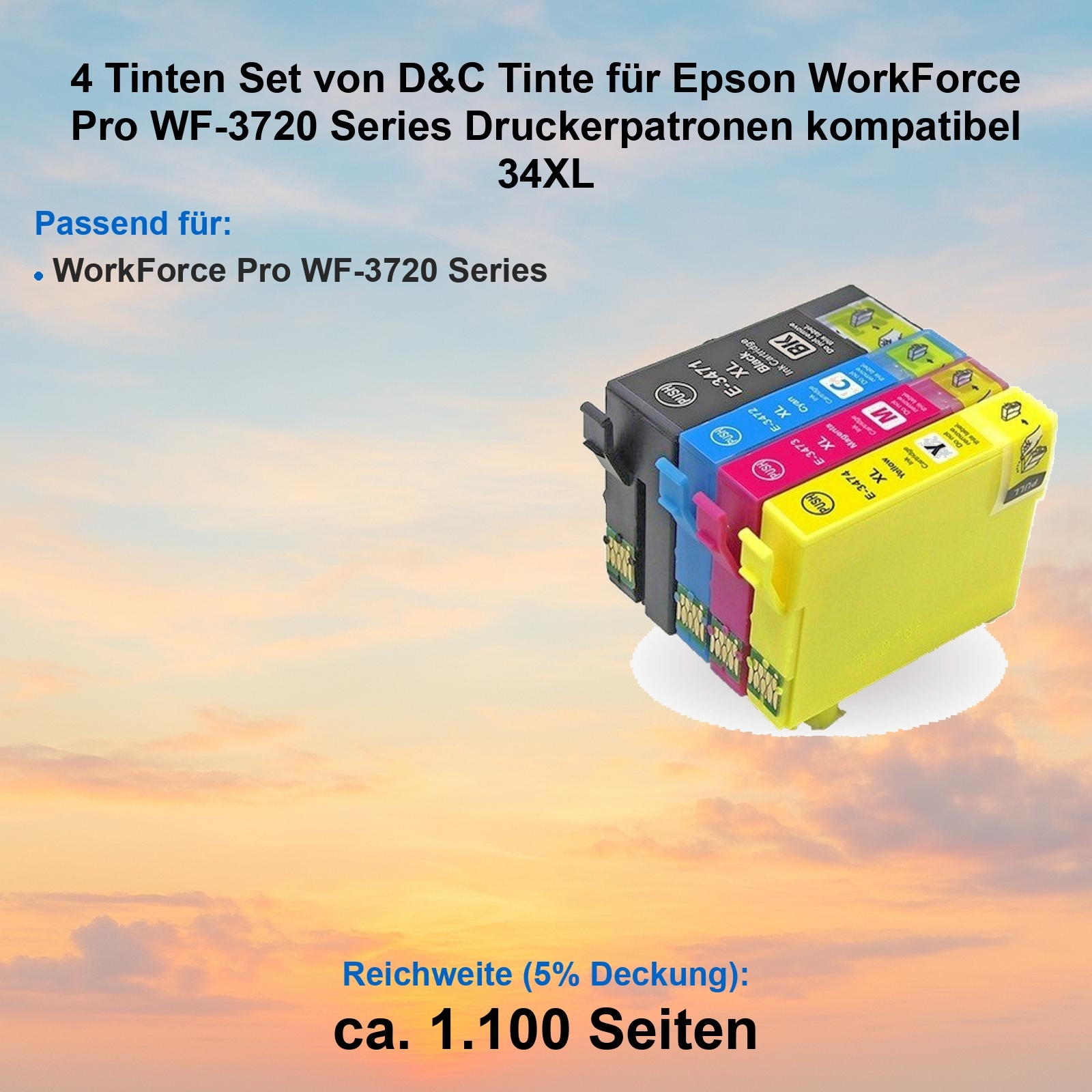 Vierer-Tintenpatronen-Set: schwarz, cyan, magenta und gelb. Text besagt, kompatibel mit Epson WorkForce-Druckern.