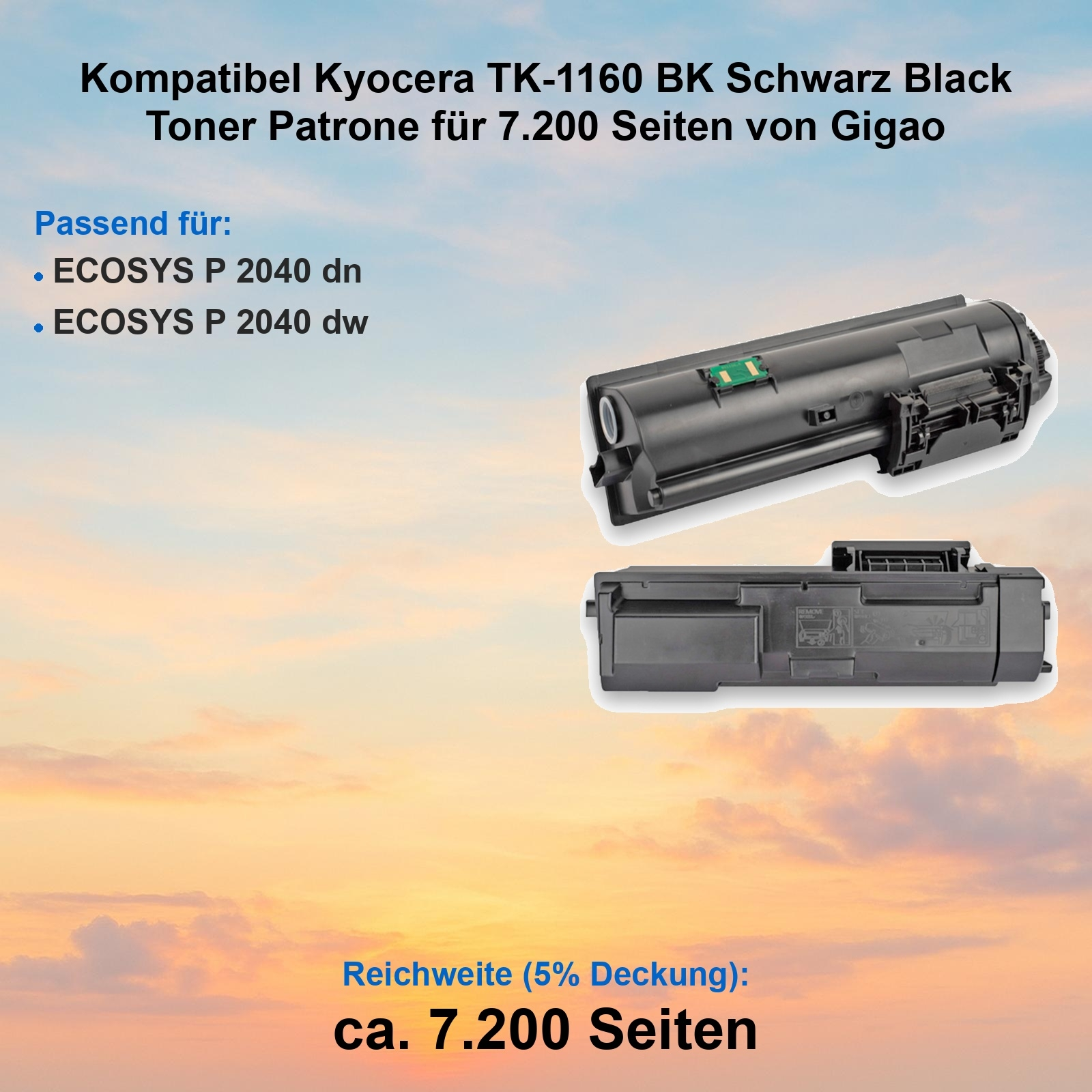 Zwei schwarze Tonerkartuschen. Text: Kyocera TK-1160, 7.200 Seiten. Hintergrund: Himmel mit Wolken und Text.