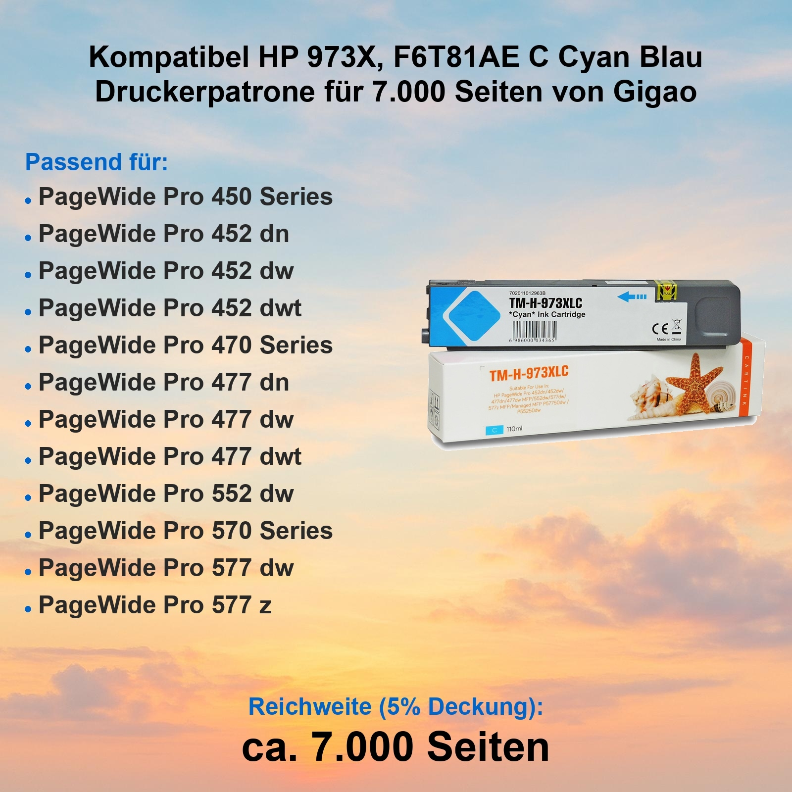 Eine cyanfarbene Tintenpatronenbox und -patrone werden angezeigt, mit einer Liste kompatibler Drucker im Hintergrund.