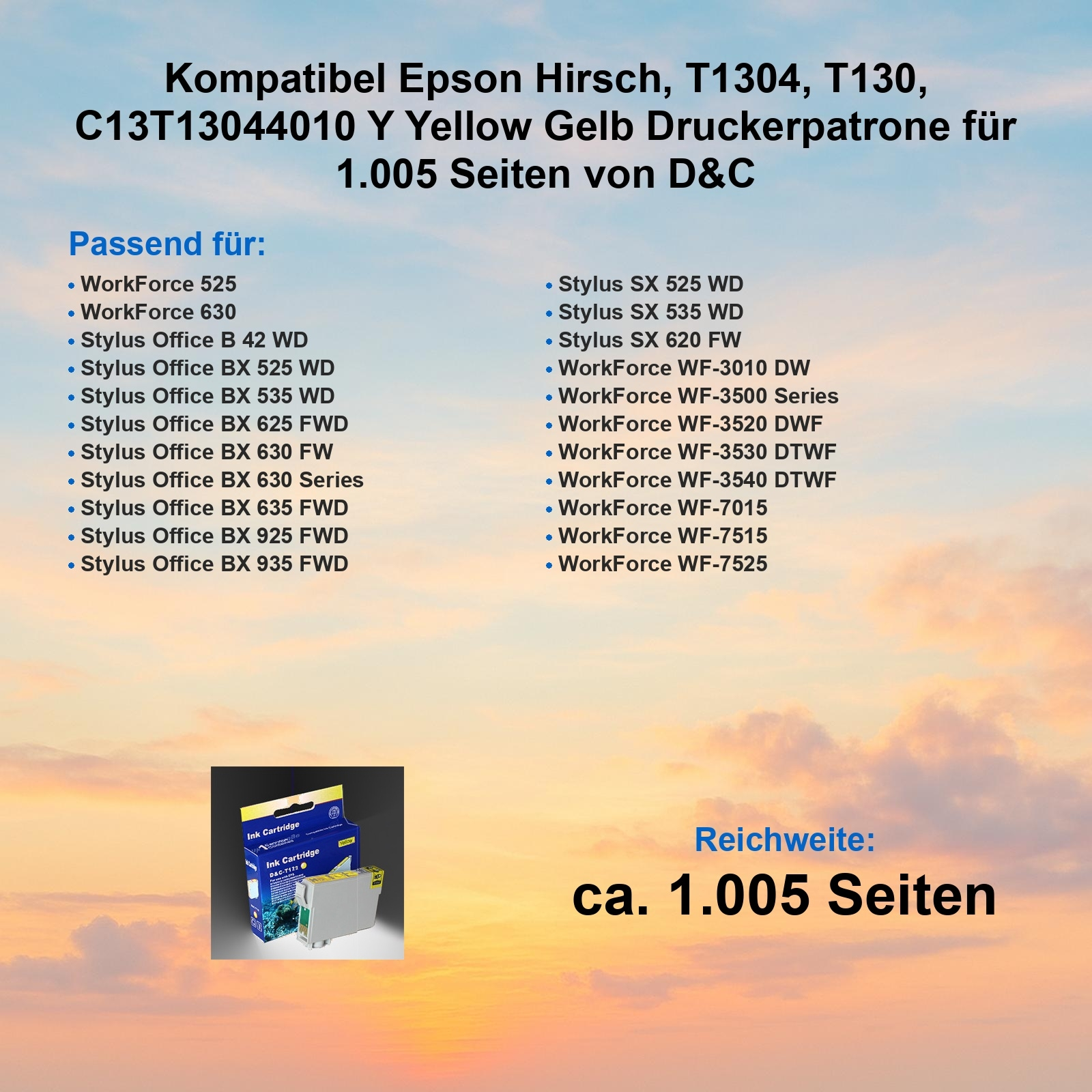 Das Bild zeigt eine Tintenpatronenbox mit einer gelben Tintenpatrone. Der Text listet kompatible Epson-Drucker auf.