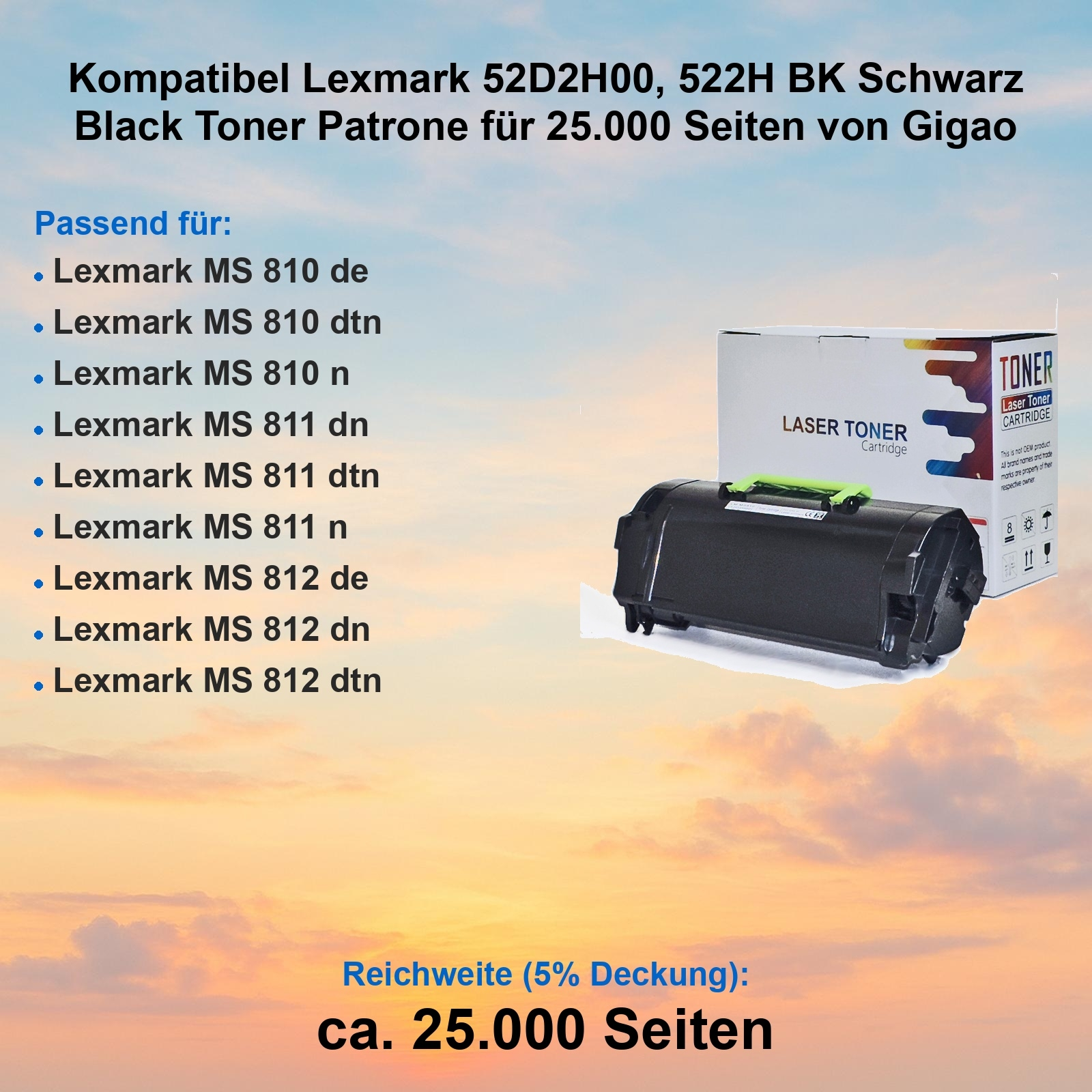 Schwarze Tonerkartusche, kompatibel mit Lexmark-Druckern. Enthält Kartusche und Box. Text auf der Box: Laser Toner Cartridge.