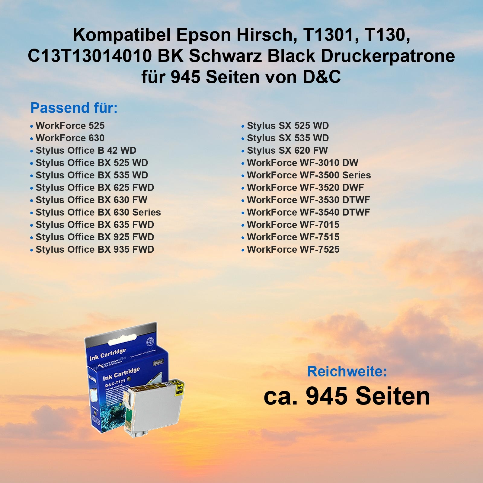 Das Bild zeigt eine Druckerpatronenbox mit Text und einer Liste kompatibler Druckermodelle.