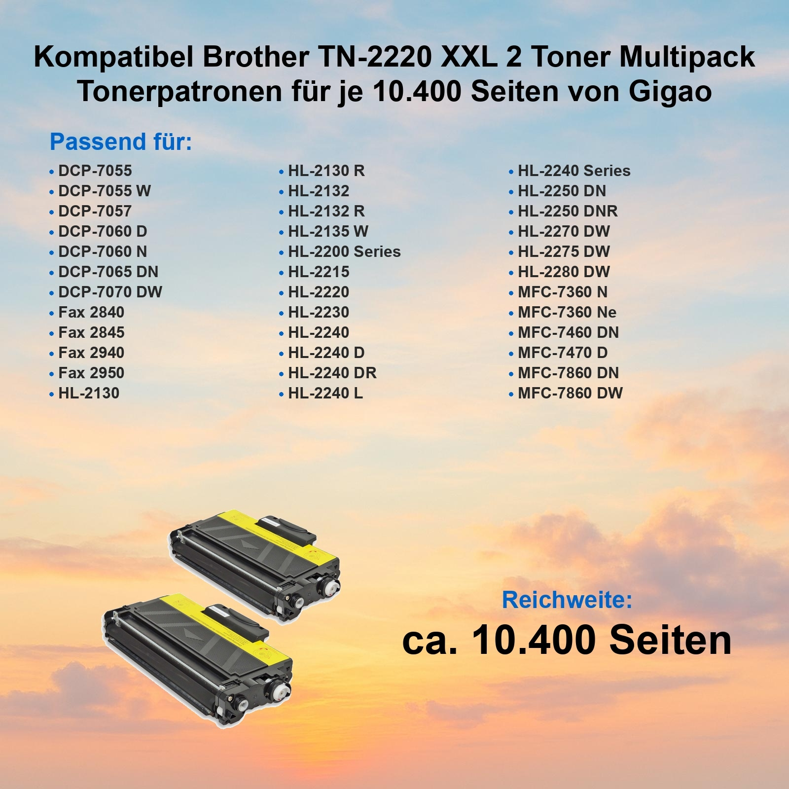 Das Bild zeigt zwei schwarze Druckertonerpatronen mit gelben Akzenten und eine Liste kompatibler Druckermodelle.