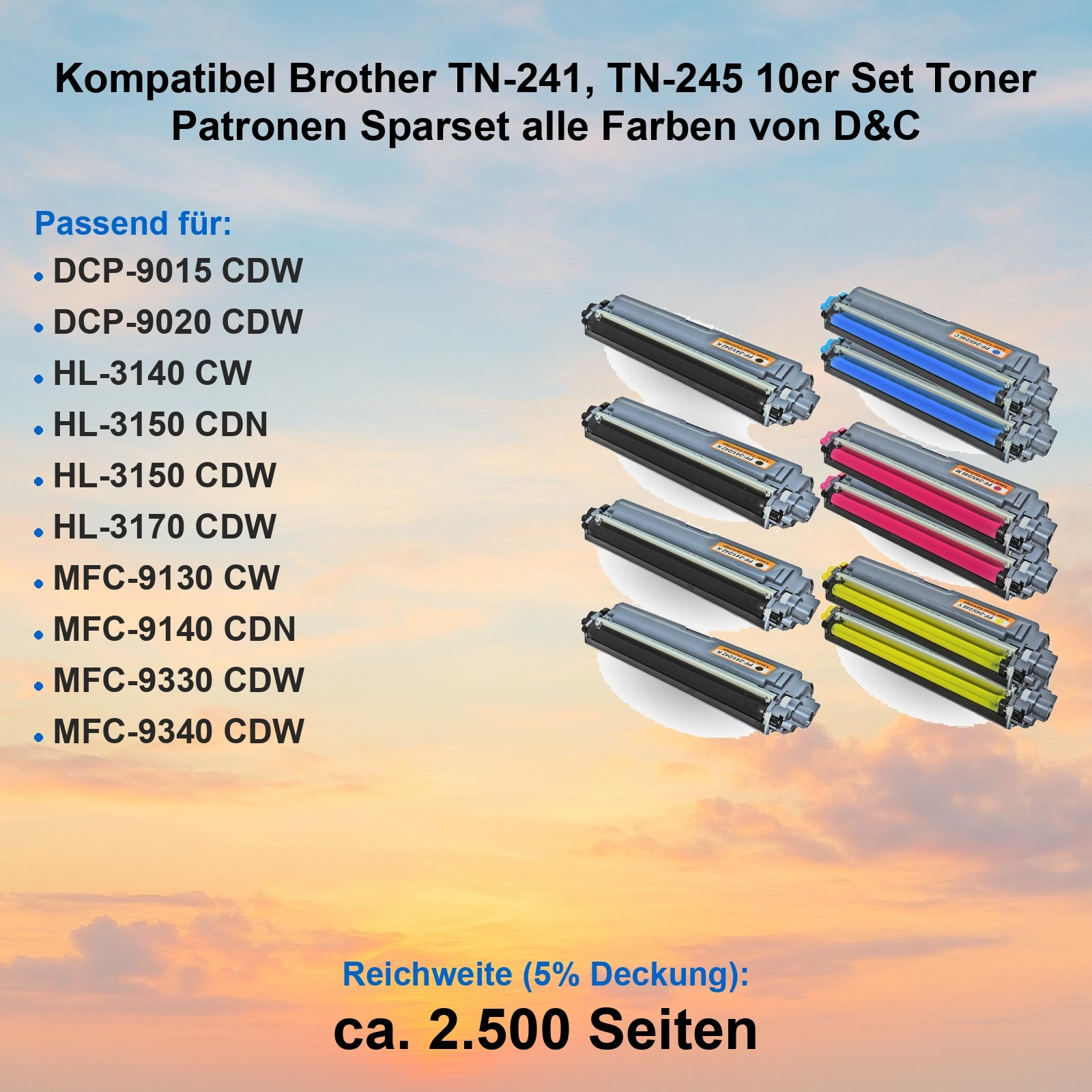 Das Bild zeigt Tonerkartuschen in verschiedenen Farben. Text listet kompatible Brother-Druckermodelle.