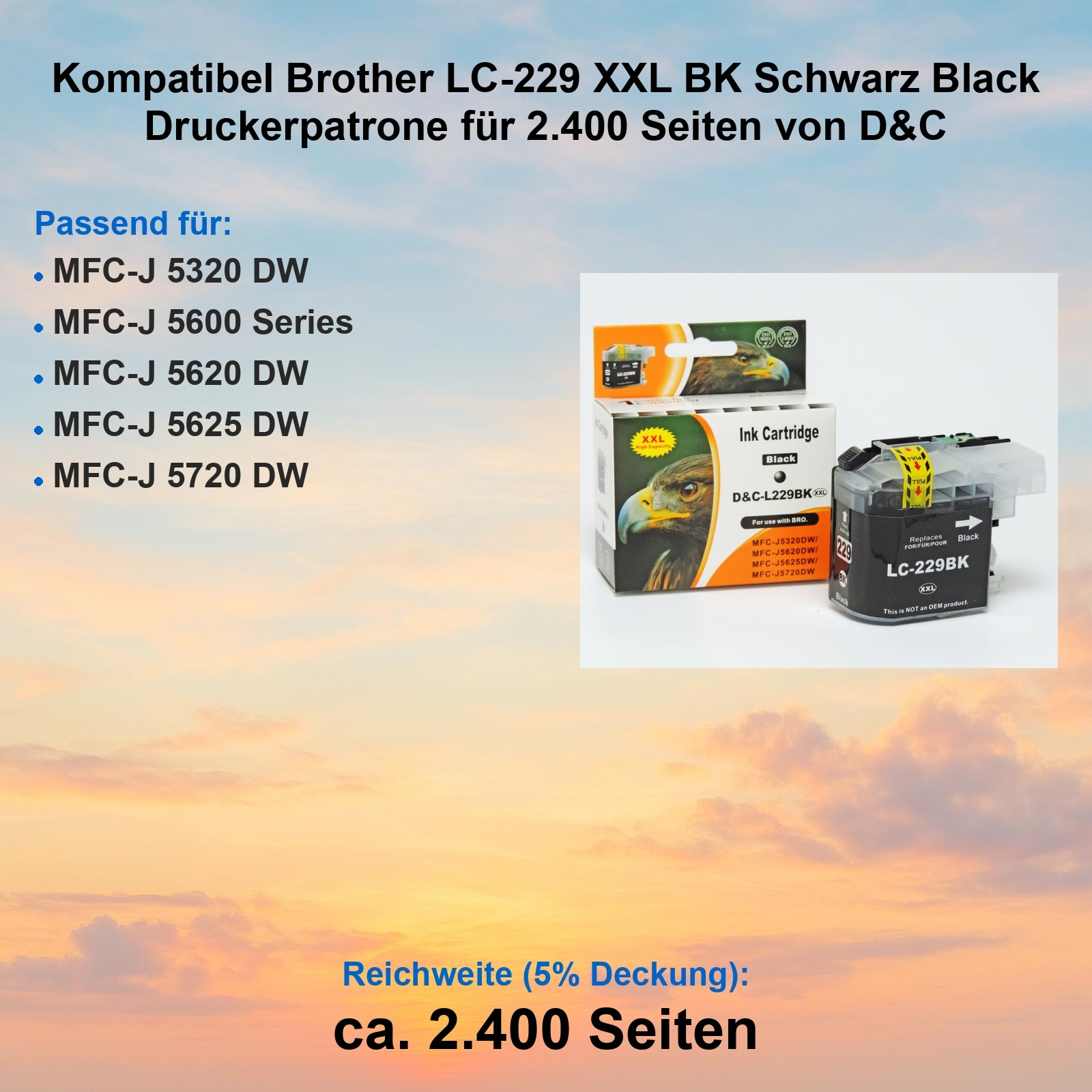 Tintenpatrone und Kartusche. Text: 'LC-229BK XXL'. Kompatibel mit Brother Druckern.