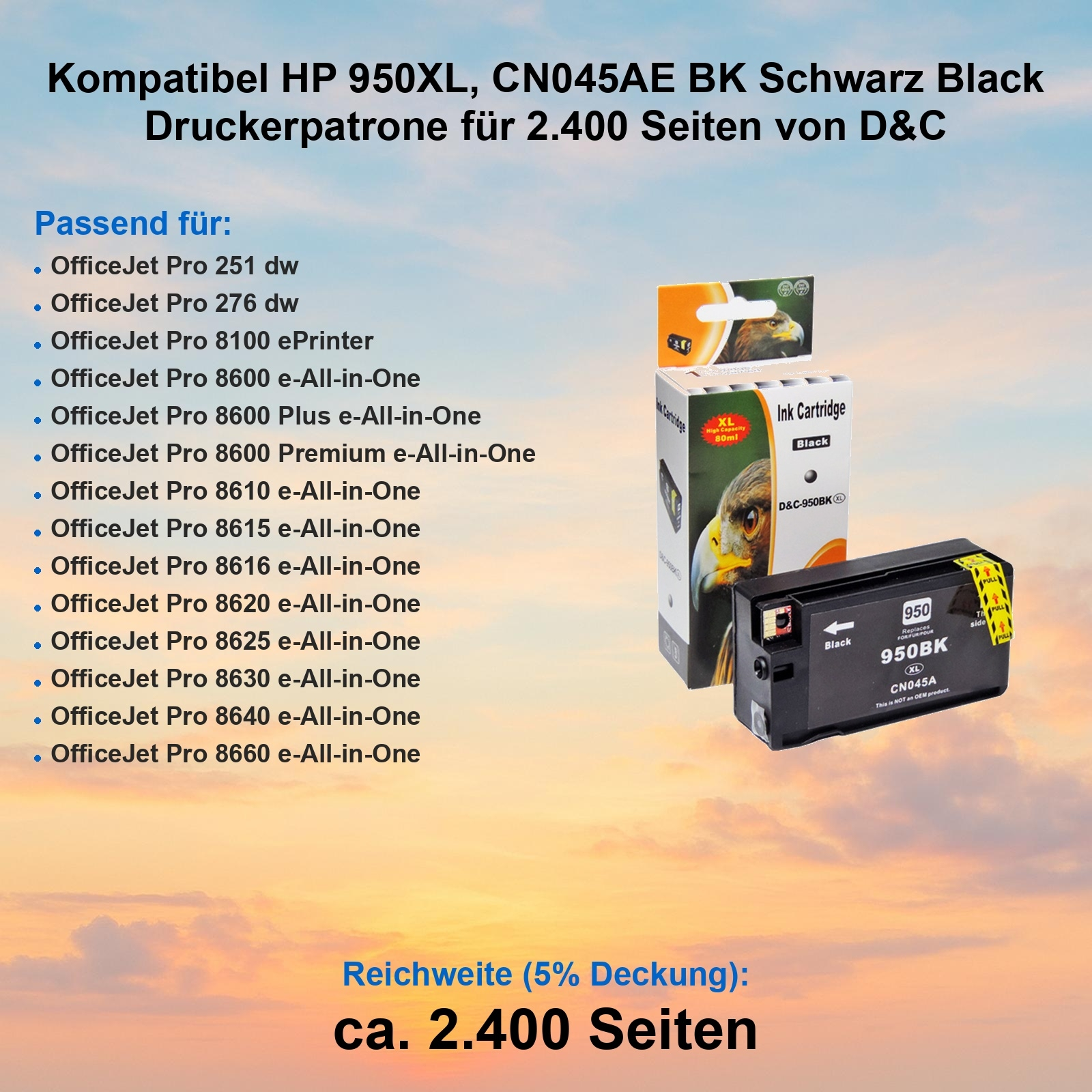 Eine Tintenpatronenbox und -patrone. Text auf der Box listet kompatible Drucker und Patronendetails, einschließlich Kapazität.