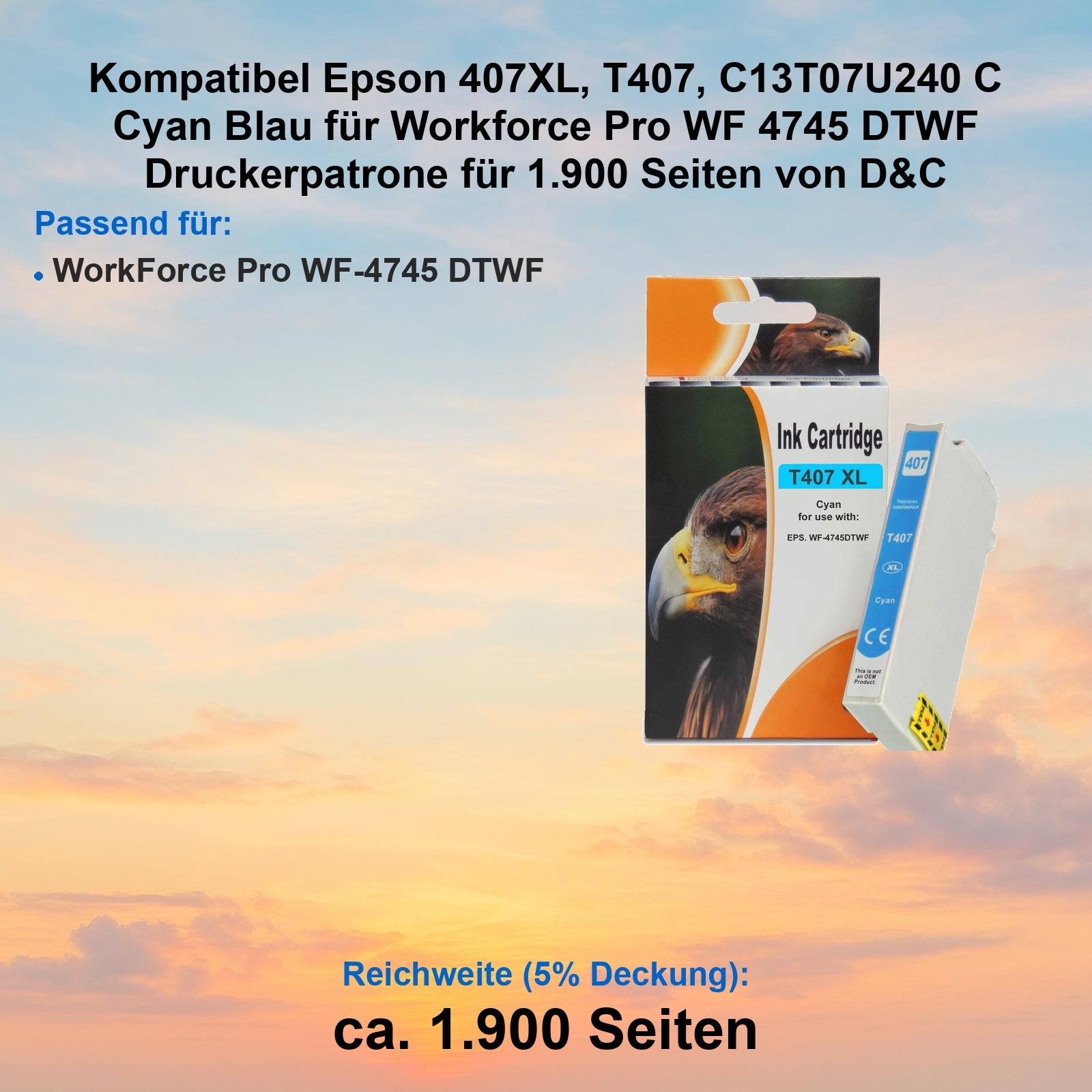 Das Bild zeigt eine Epson-Druckerpatrone. Die Box zeigt einen Adler. Die Patrone ist cyanfarben.