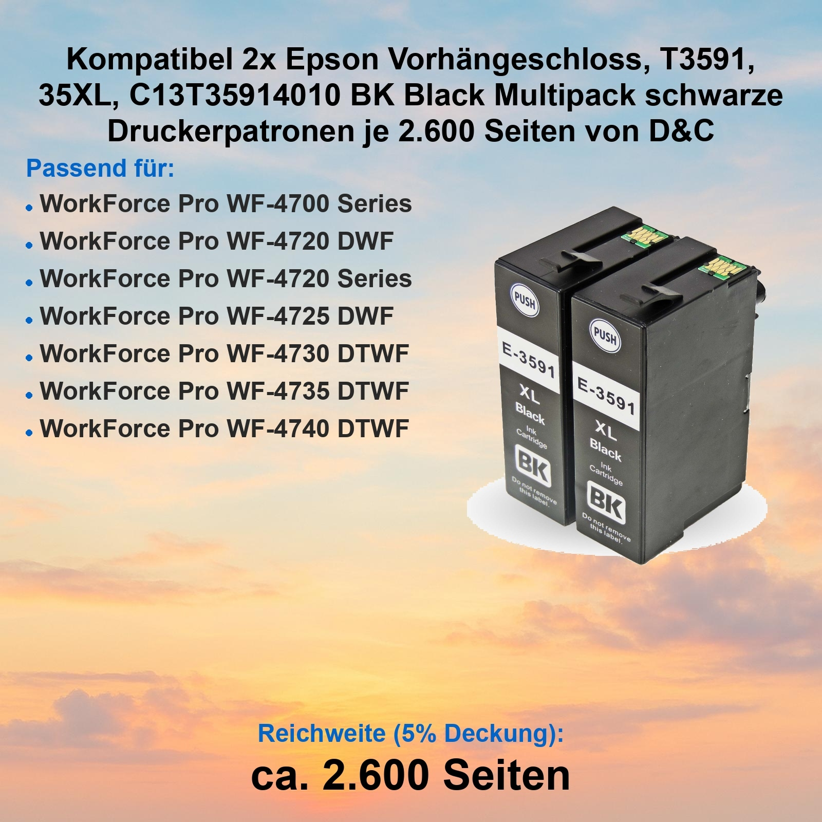 Zwei schwarze Tintenpatronen mit Produktdetails, kompatibel mit Epson-Druckern, Text auf blauem bis orangefarbenem Hintergrund.