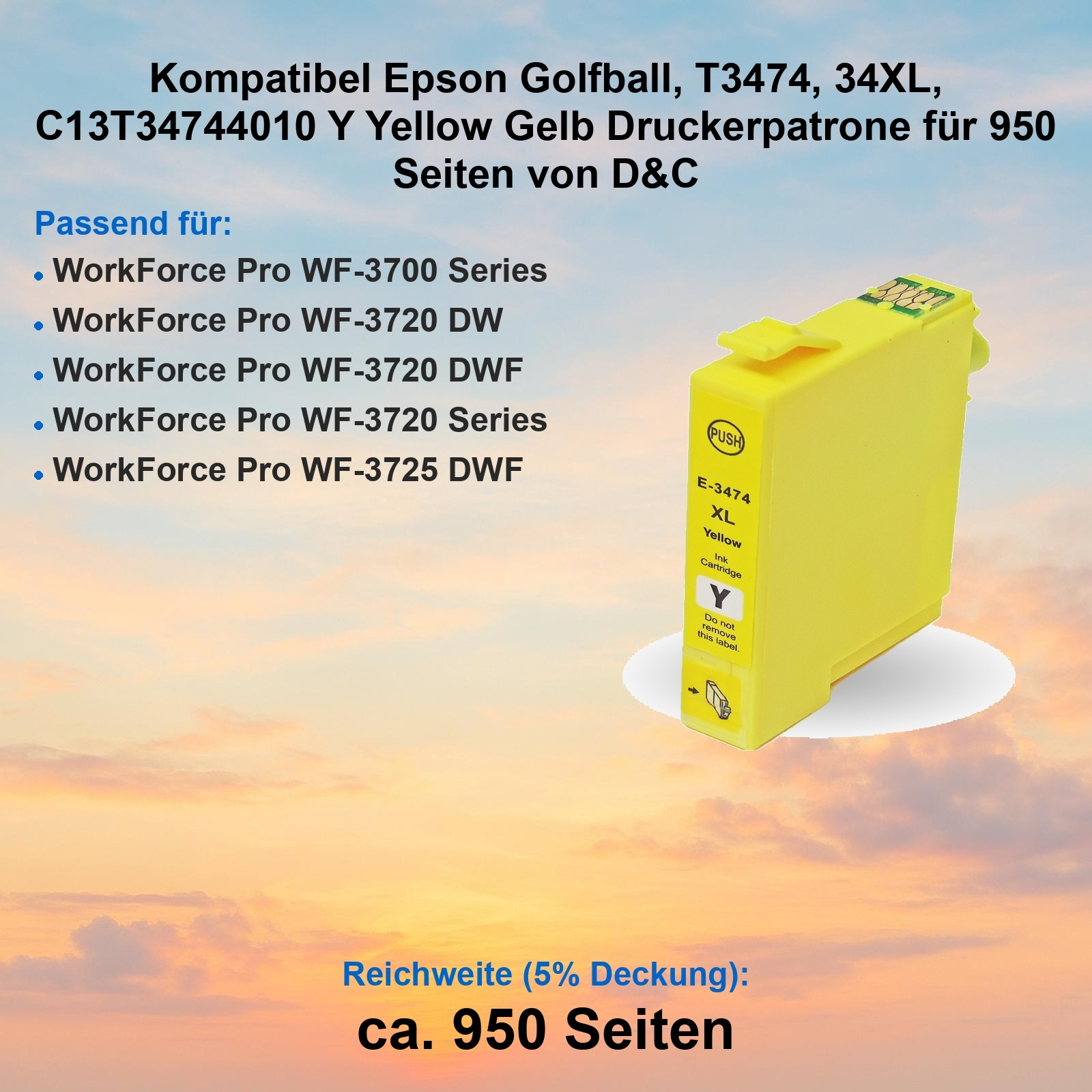 Gelbe Tintenpatrone mit Etikett, 'PUSH'-Taste und Text. Text enthält Modellnummer und kompatible Druckerserien.