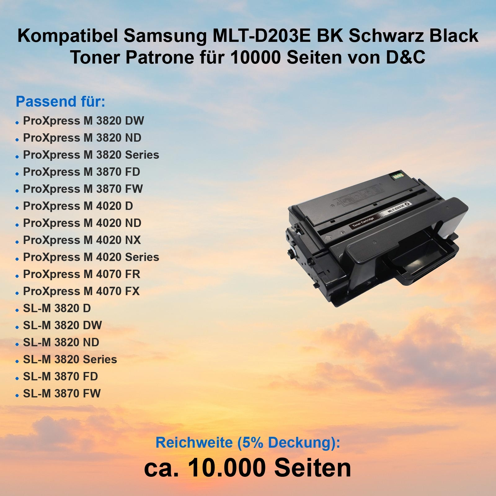 Schwarze Tonerkartusche für Samsung-Drucker. Text listet kompatible Modelle und eine Reichweite von 10.000 Seiten auf.