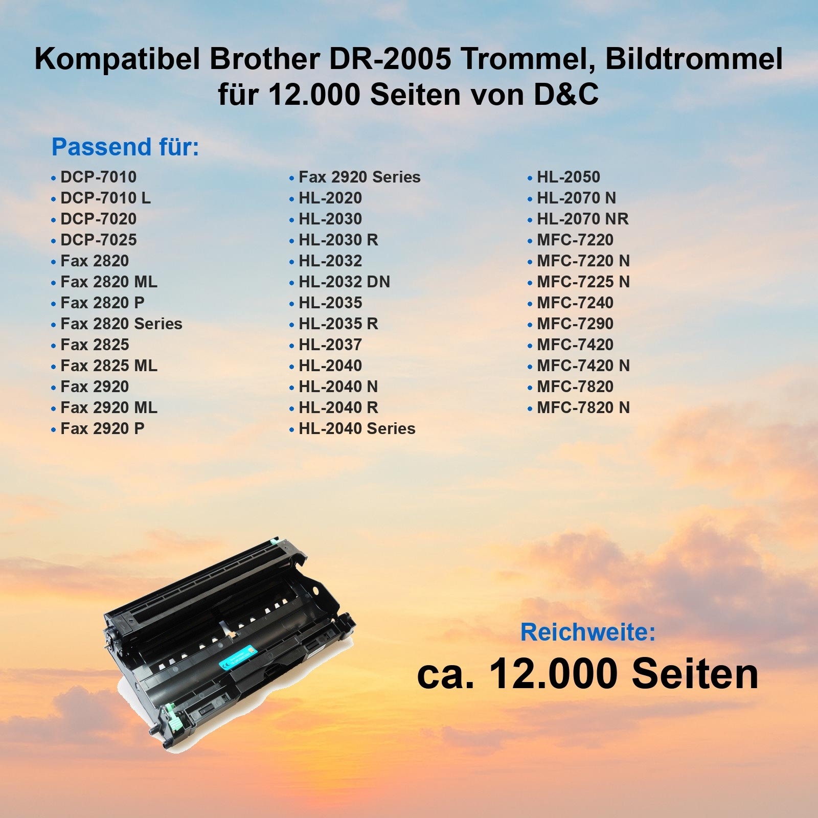 Schwarze Trommel mit türkisfarbenem Etikett, kompatibel mit Brother-Druckern und eine Liste kompatibler Modelle.