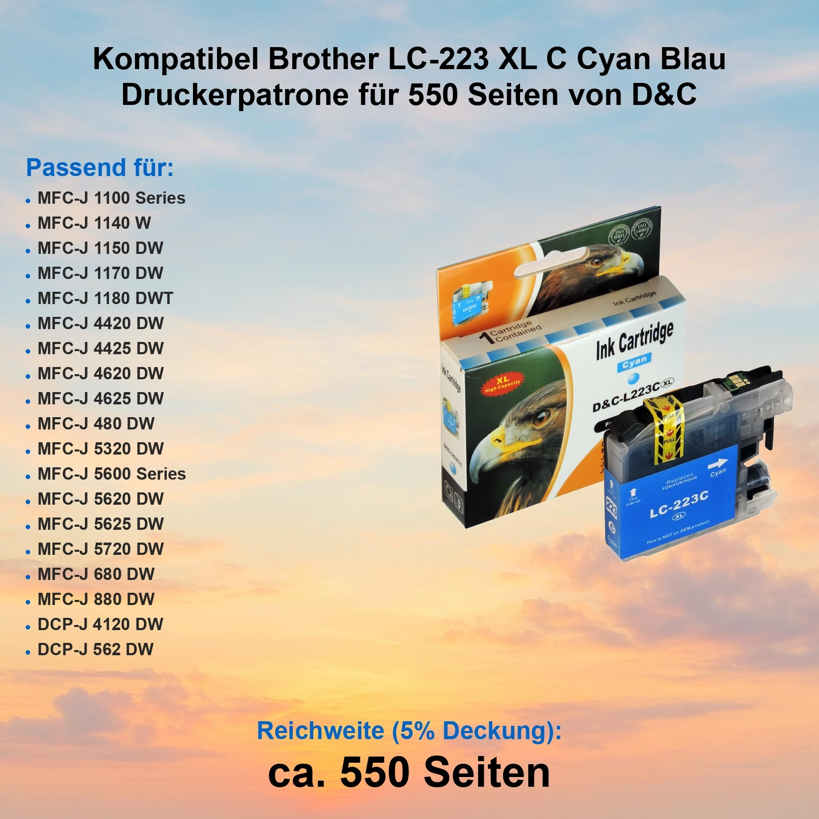 Das Bild zeigt eine cyanfarbene Tintenpatrone für Brother-Drucker. Der Text listet kompatible Modelle und Seitenzahl.