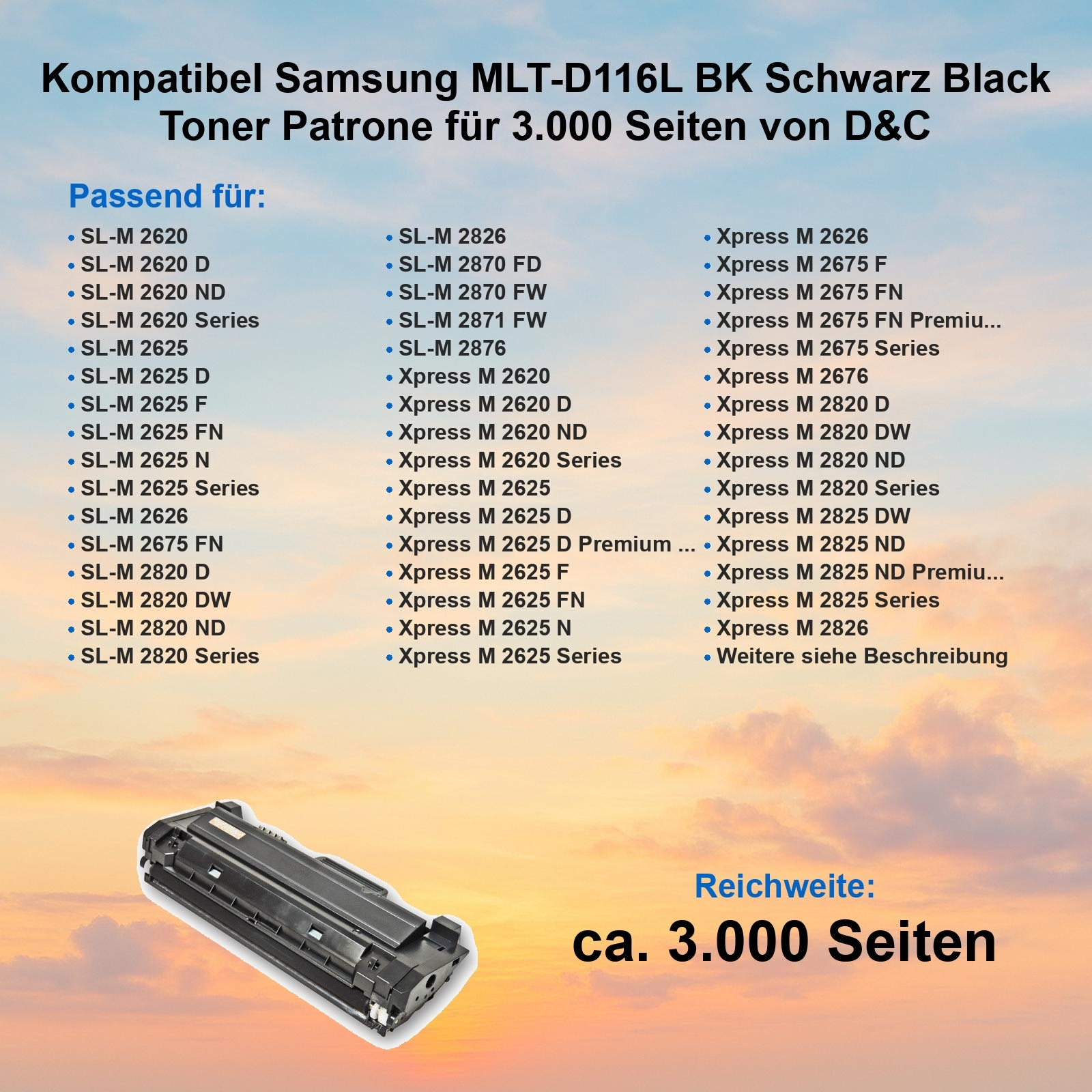 Eine schwarze Tonerkartusche mit einer Liste kompatibler Samsung-Modelle. Text enthält '3.000 Seiten' und 'D&C'.