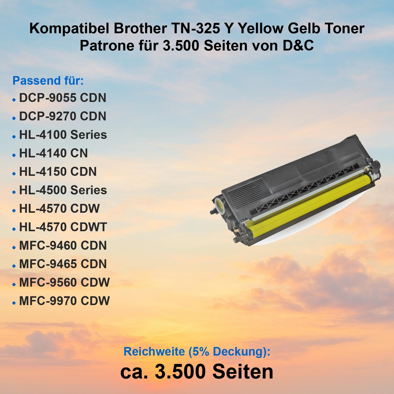 Eine gelbe Tonerkartusche auf Gradientenhintergrund. Text enthält Produktdetails, kompatible Drucker und Seitenleistung.
