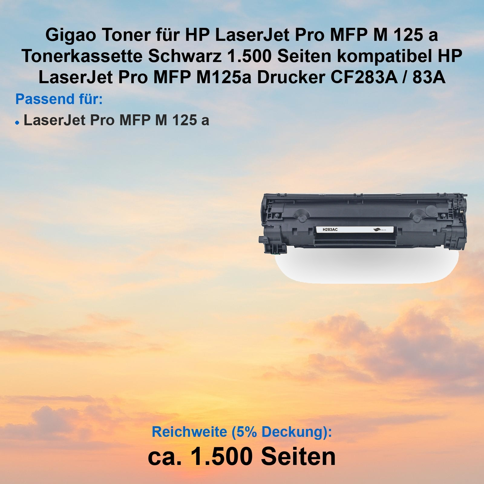 Schwarze Tonerkartusche für den HP LaserJet Pro MFP M125a Drucker. Sie hat einen weißen Hintergrund und einen Sonnenuntergangshimmel.