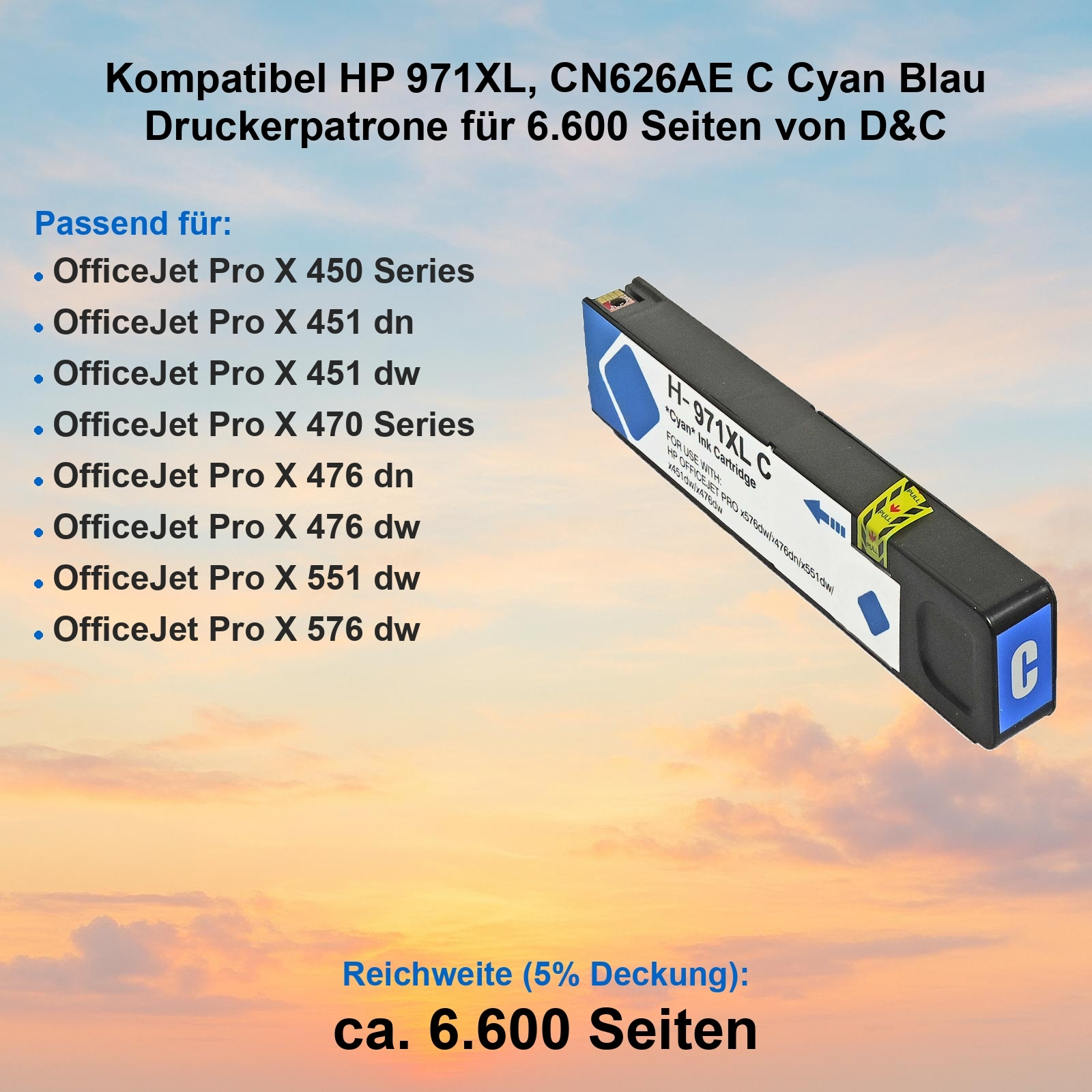 Eine cyanfarbene Tintenpatrone auf einem Hintergrund. Text: kompatibel mit HP-Druckern. Die Patrone hat ein blaues 'C'.
