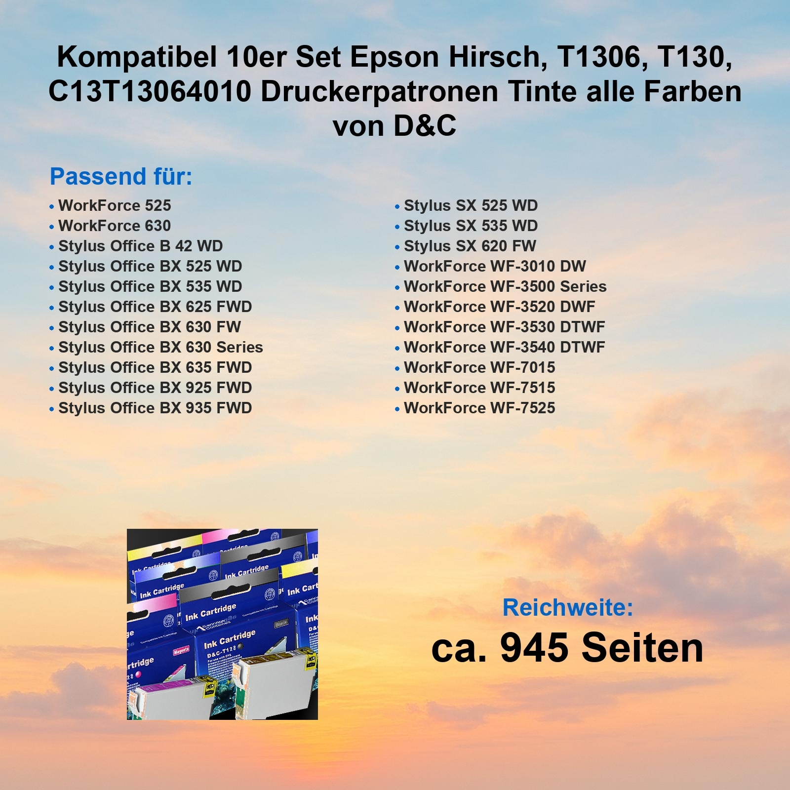 Das Bild zeigt Druckerpatronen mit Produktnamen und einen Himmel im Hintergrund.