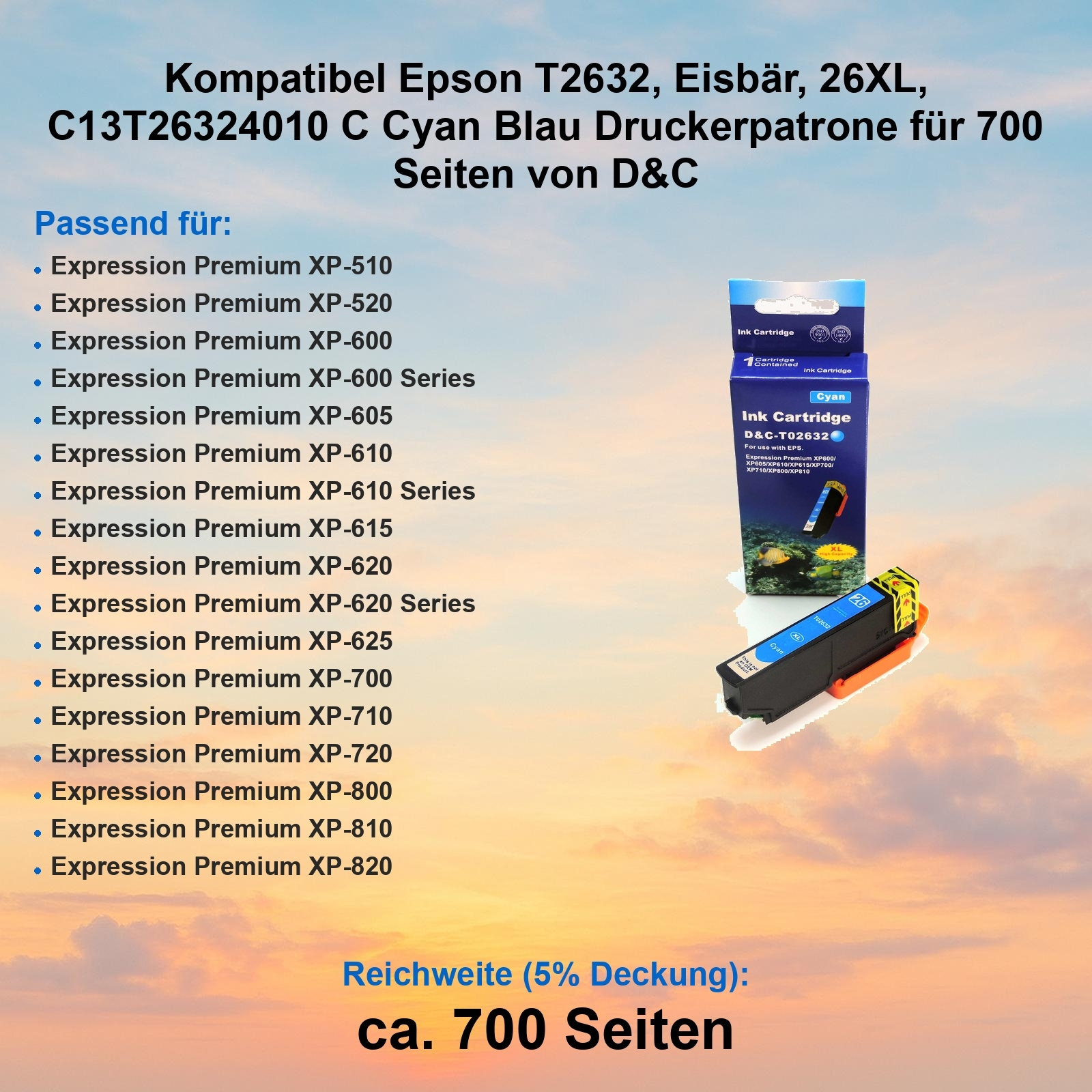 Eine cyanfarbene Tintenpatrone für Epson-Drucker wird zusammen mit einer Liste kompatibler Druckermodelle und Spezifikationen angezeigt.