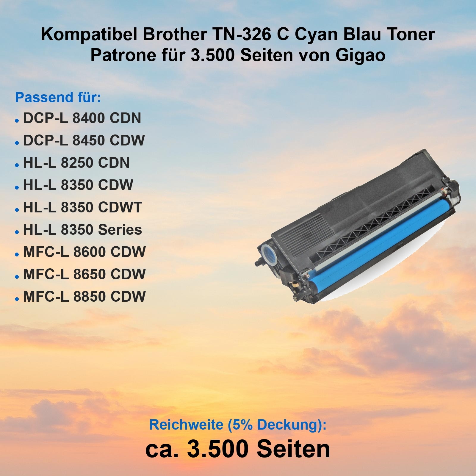 Das Bild zeigt eine blaue und schwarze Tonerkartusche. Der Text enthält Produktdetails und eine Liste kompatibler Druckermodelle.