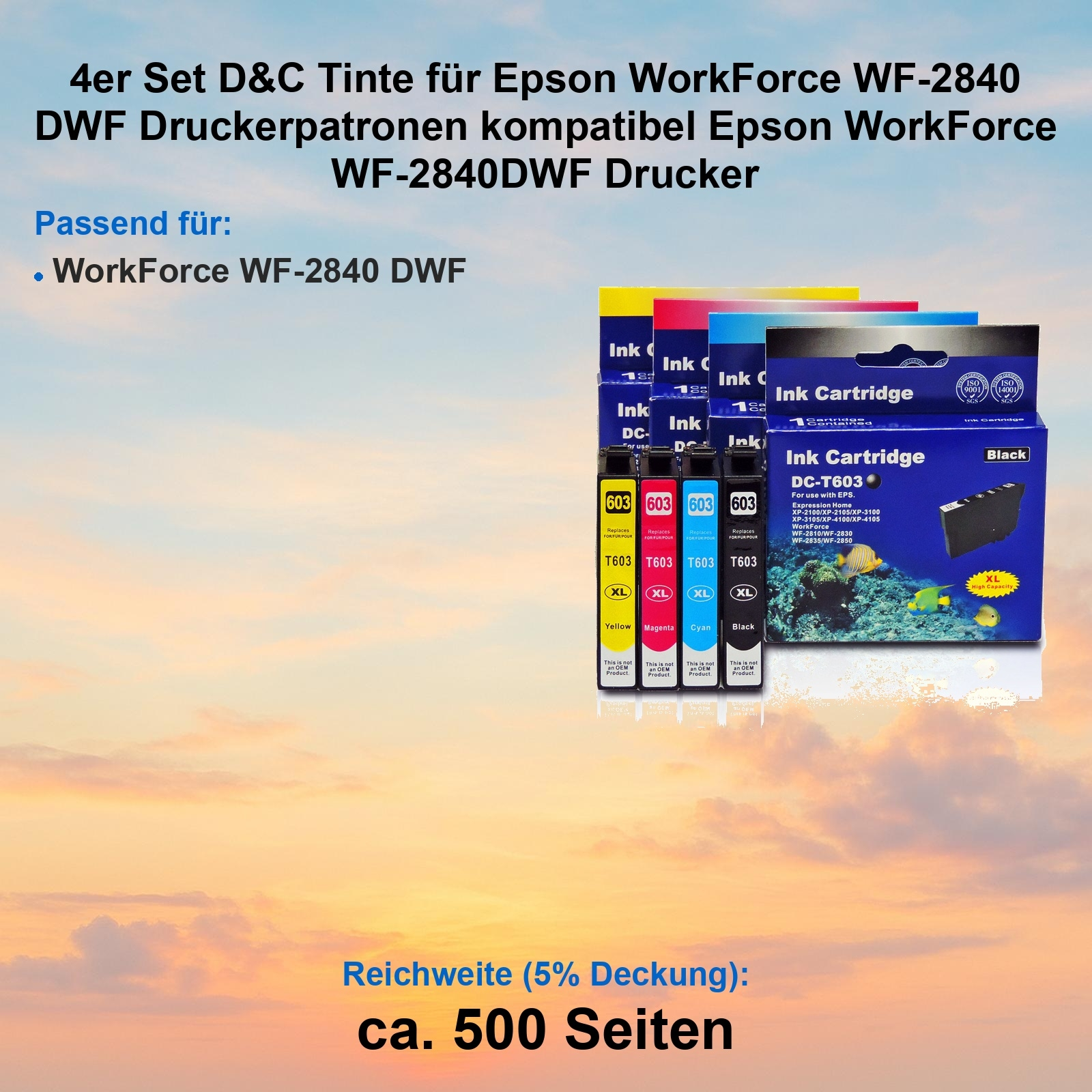 Das Bild zeigt Tintenpatronen für Epson-Drucker. Die Patronen sind gelb, magenta, cyan und schwarz. Text enthält Druckermodell.