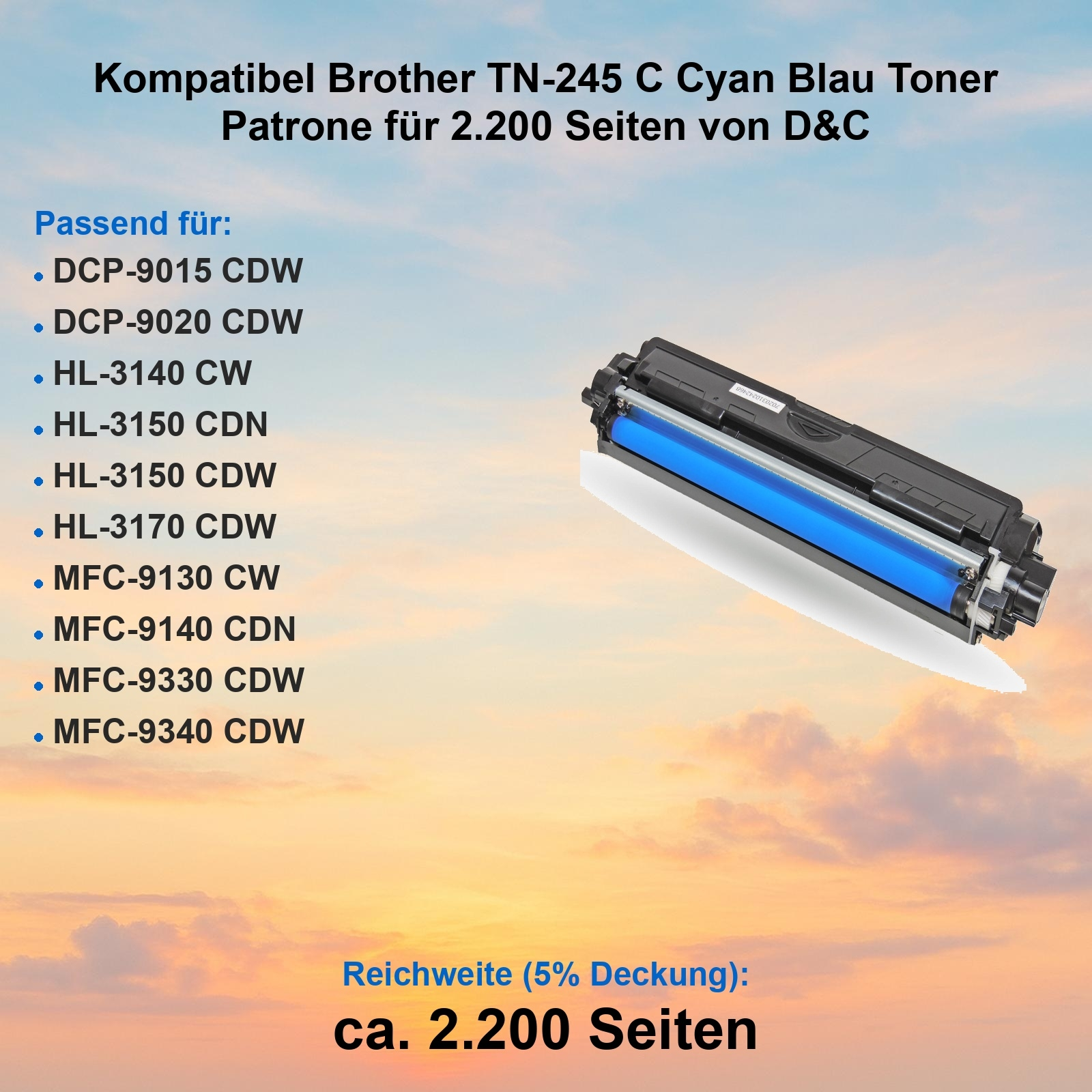 Tonerkartusche mit blauem Zylinder, Produktinfo und Liste kompatibler Druckermodelle vor HIntergrund.