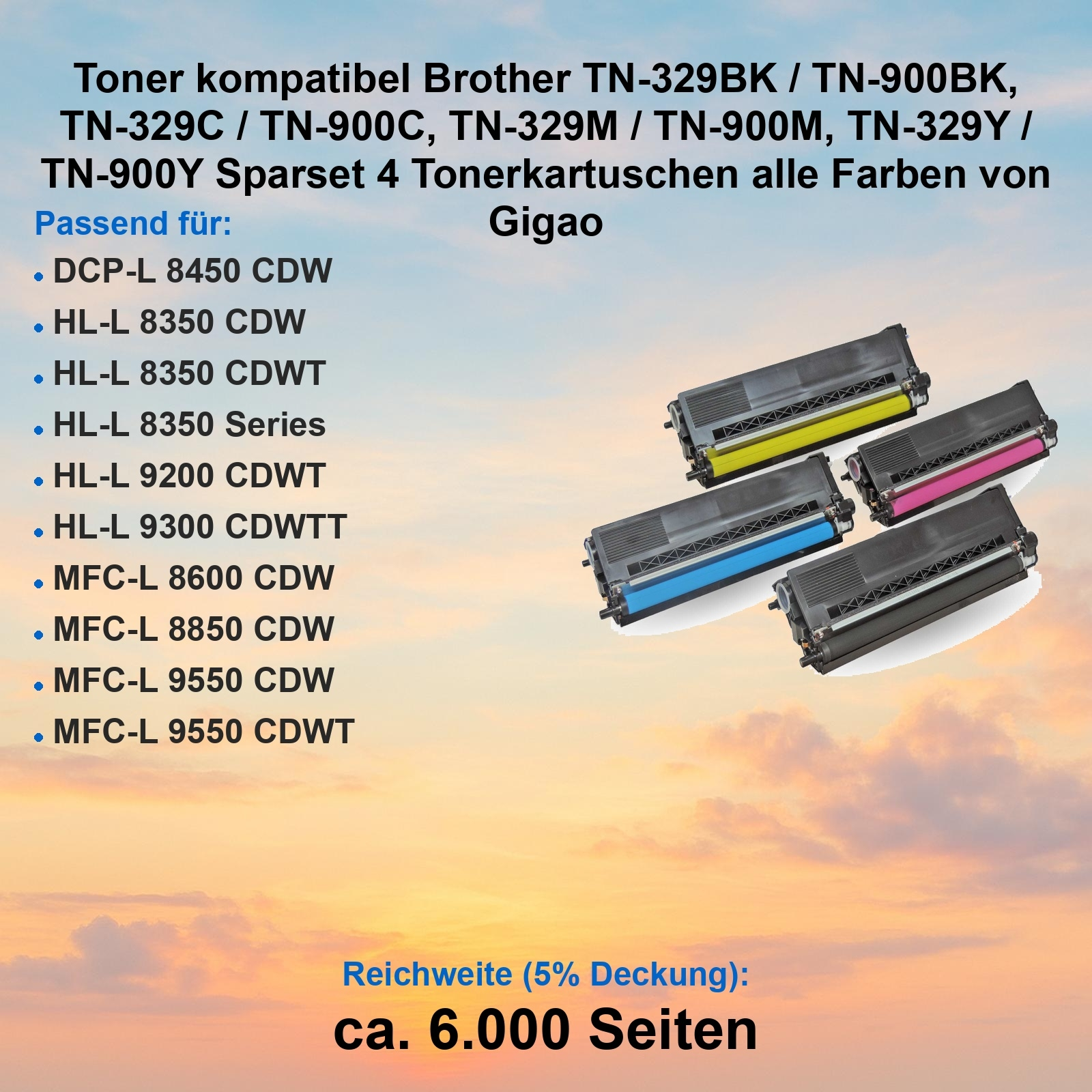 Das Bild zeigt vier Tonerkartuschen in Schwarz, Gelb, Pink und Blau mit Produktinformationen und Kompatibilitätsdetails.
