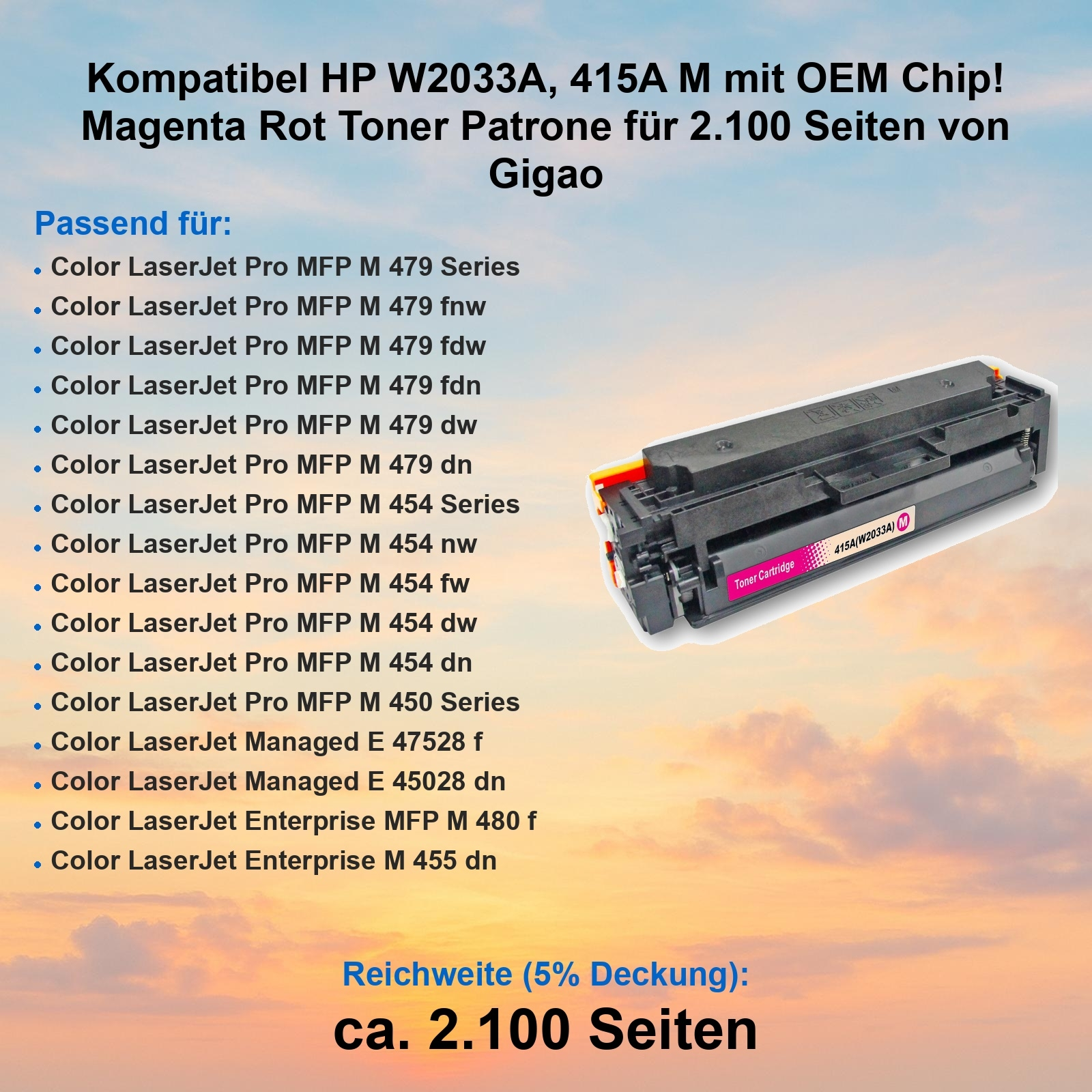 Magenta-Tonerkartusche für HP-Drucker. Text listet kompatible Modelle. Hintergrund ist himmelthematisch.