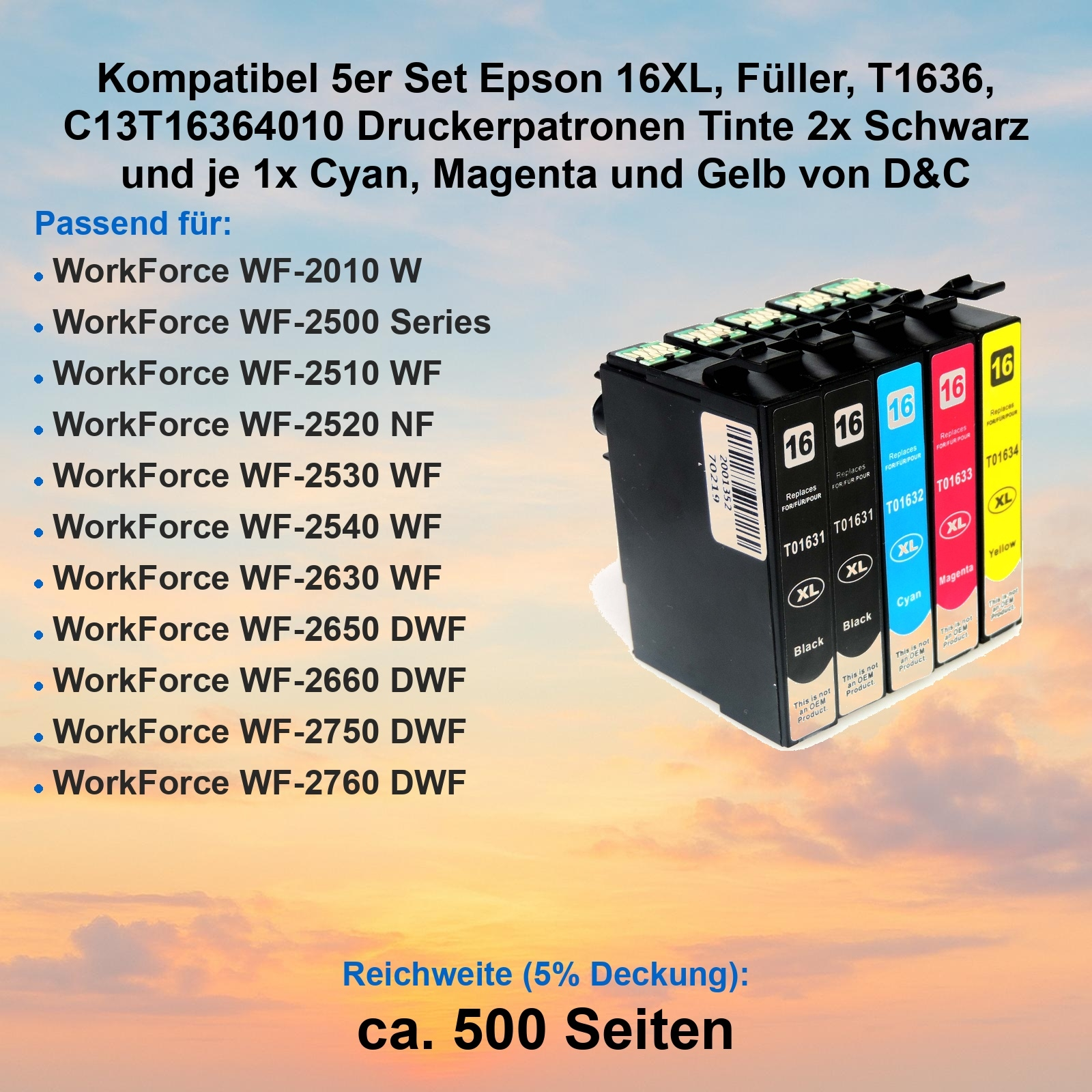 Tintenpatronen-Set mit schwarzen, cyanfarbenen, magentafarbenen und gelben Patronen. Text weist auf Epson-Drucker-Kompatibilität hin.