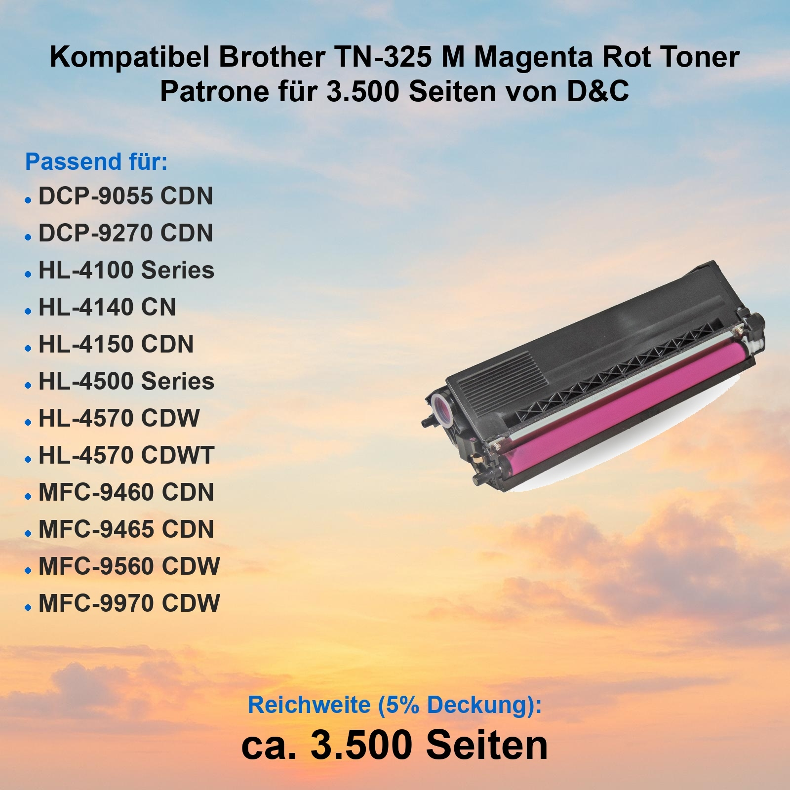 Schwarze und magentafarbene Tonerkartusche mit Produktinformationen und Kompatibilitätsdetails auf Gradientenhintergrund.