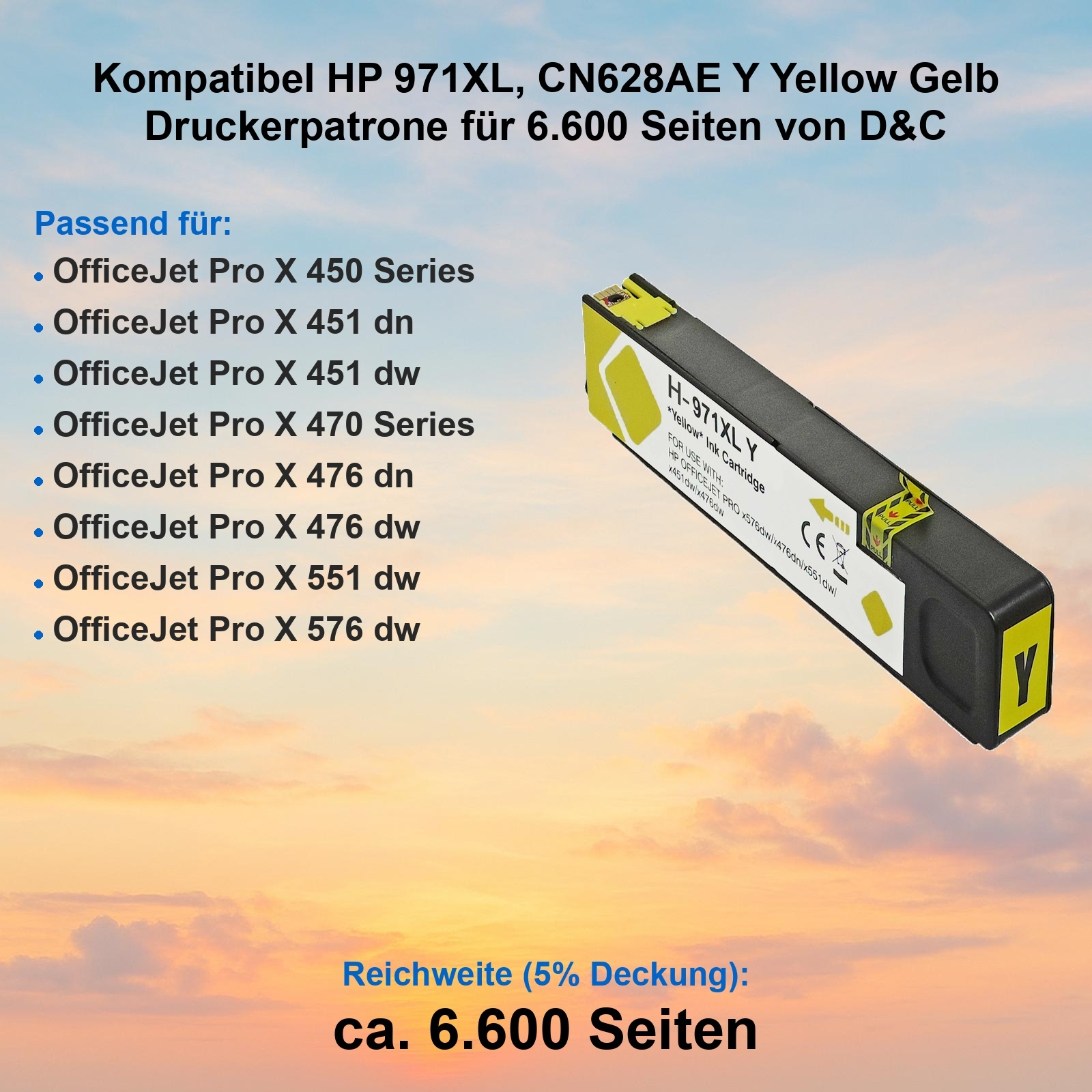 Eine gelbe Tintenpatrone mit schwarzen Akzenten. Text enthält Kompatibilitätsinformationen und die Seitenausbeute.