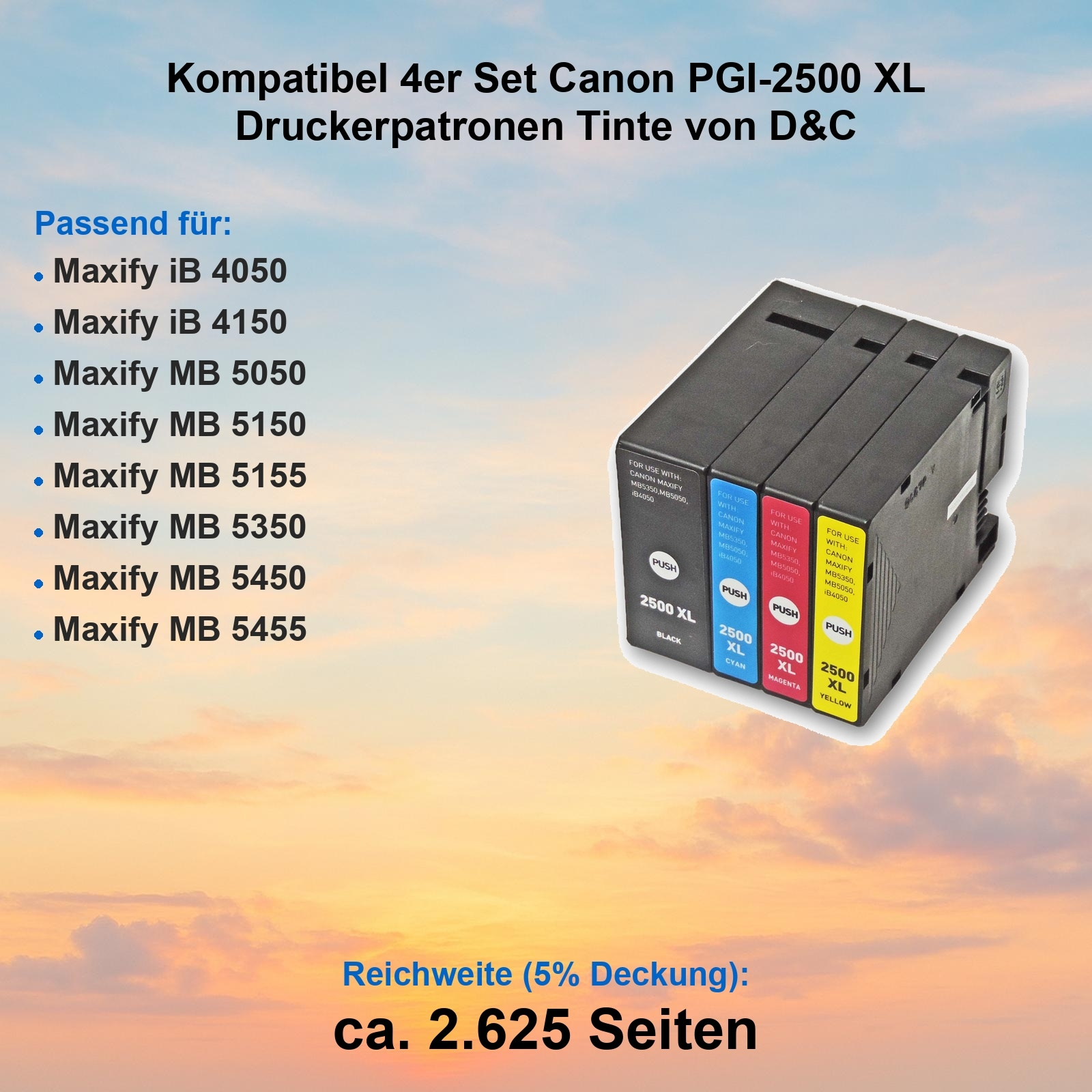 Tintenpatronen für Canon-Drucker. Schwarze, cyanfarbene, magentafarbene und gelbe Patronen sind sichtbar.